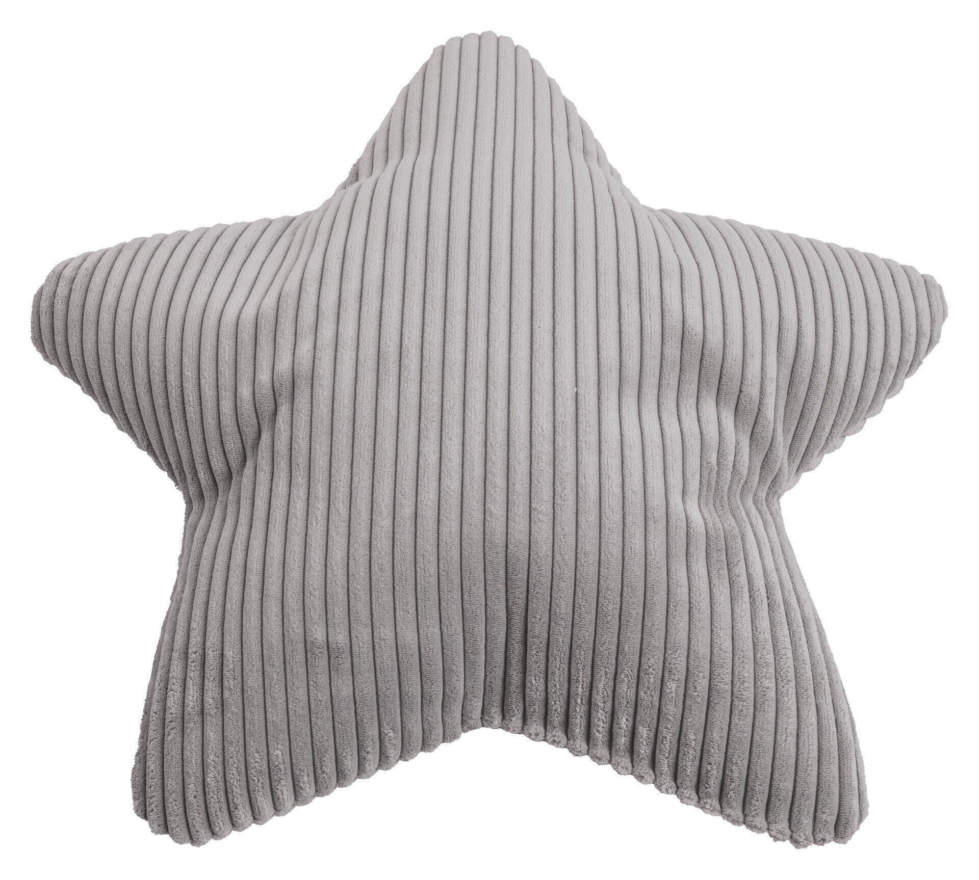 Graues Sternkissen Shara aus Flauschcord mit vertikalem Cordmuster und weicher Textur.