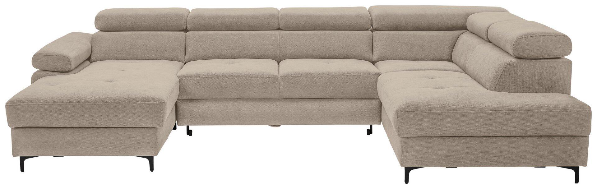 Wohnlandschaft Combo in L-Form mit abklappbarer Kopfstütze, Bettkasten, Armteil- und Kopfteilverstellung sowie Chaiselongue mit zusätzlichem Kissen und schwarzen Metall-Winkelfüßen.