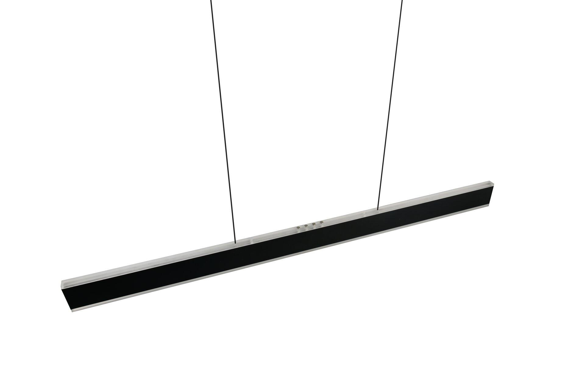 Pendelleuchte Croom mit silberfarbenem Gehäuse und mattiertem Diffusor, Blickwinkel von unten betont die Länge und filigrane Bauweise mit Bedienelement für Lichtsteuerung.