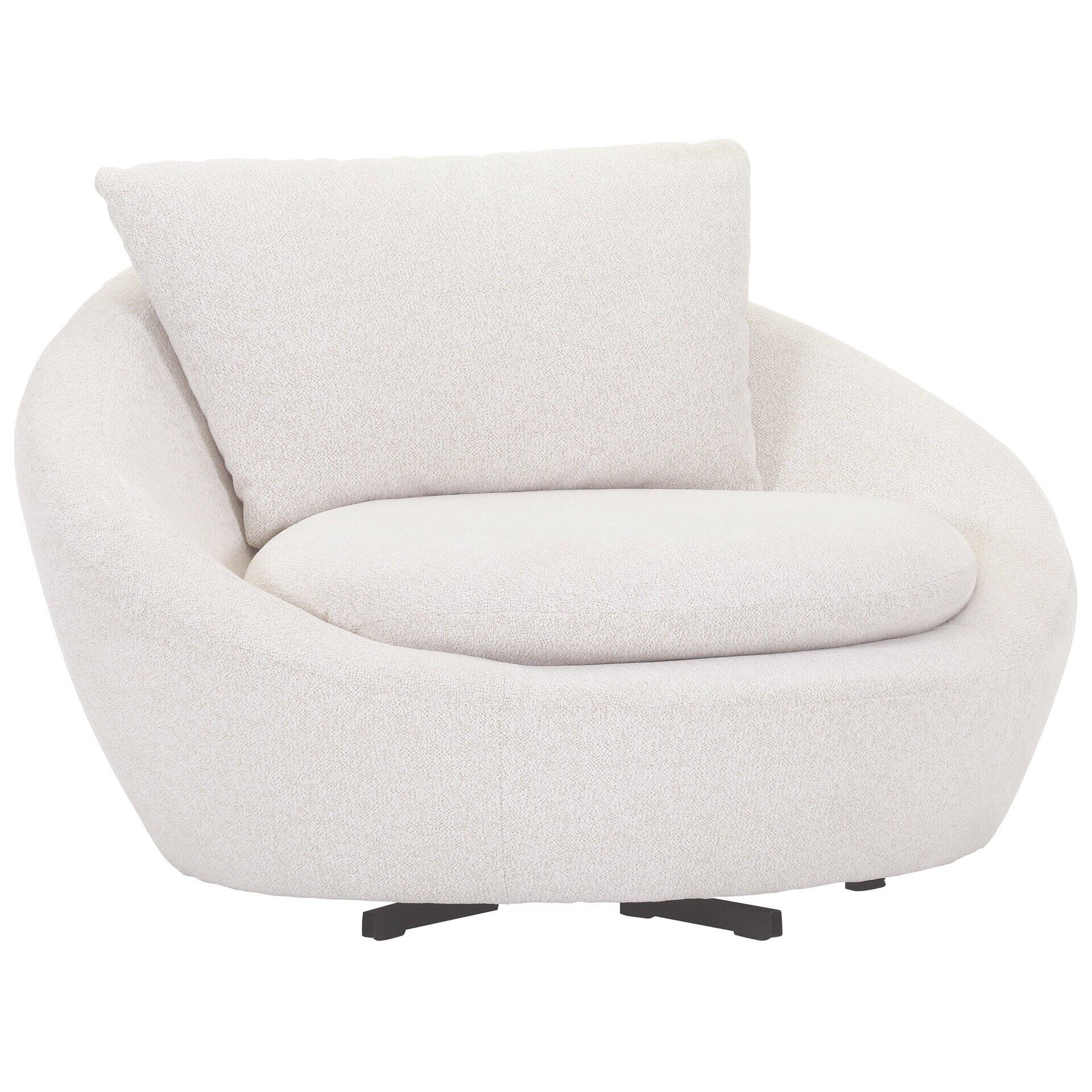 RüKi Sessel 38755 aus der Vogelperspektive mit Bouclé-Bezug, Kissen und 360° drehbaren, schwarzen Metalldrehfüßen.