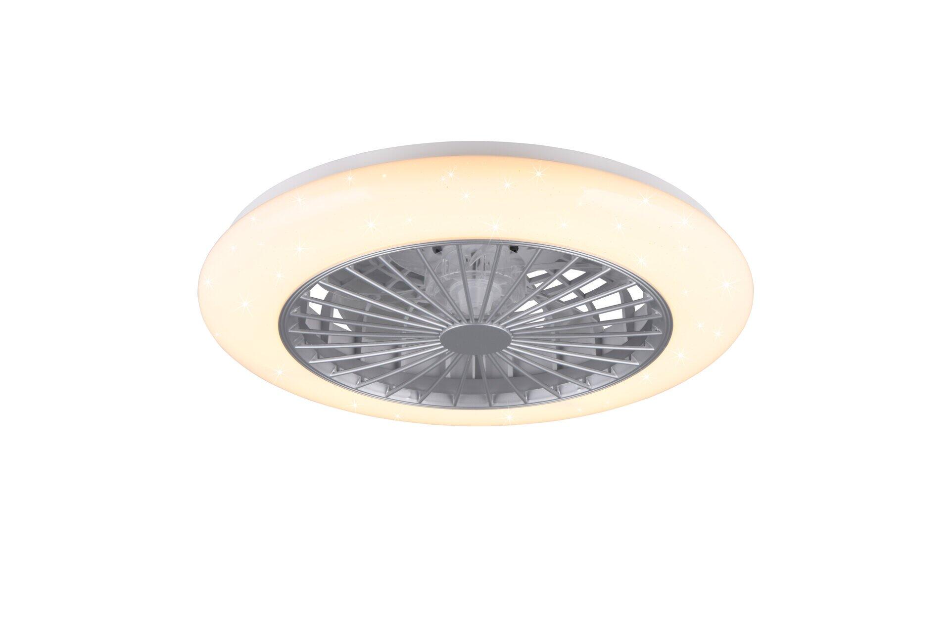 Deckenventilator mit Beleuchtung und weißen Lampenschirm.