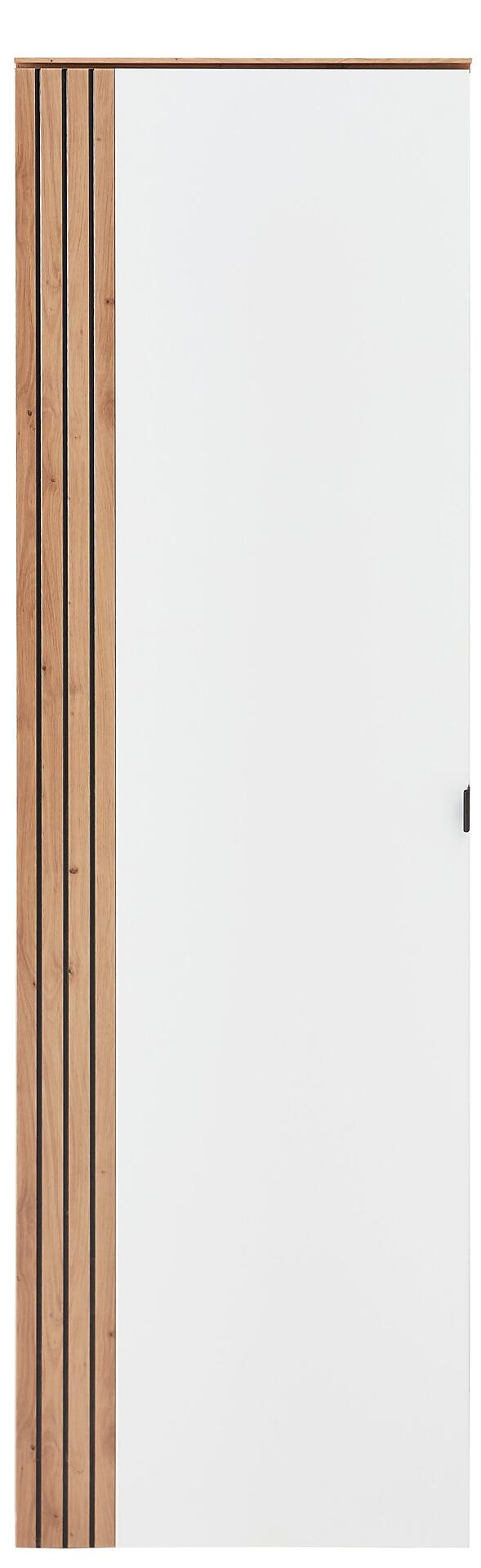 Hängeschrank Diana mit weißer, supermatter Tür und Riffeloptik-Einsatz aus Artisan Eiche sowie Metallgriff.