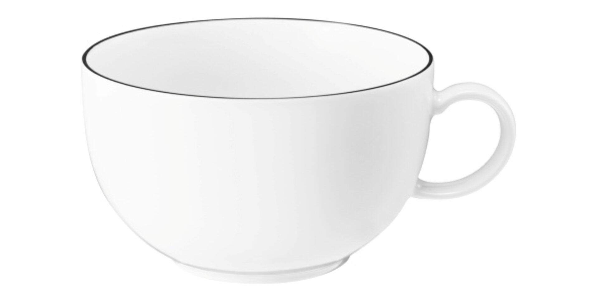 Milchkaffeeobertasse Lido mit schwarzem Farbrand und schlankem Griff in Dreiviertelperspektive.