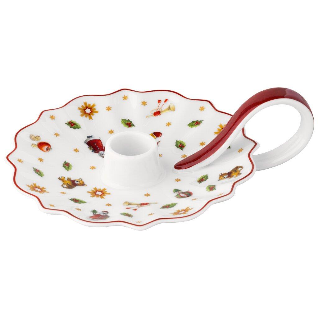 Kerzenhalter Toy's Delight aus weißem Porzellan mit wellenförmigem Rand, roter Akzentlinie, weihnachtlichen Motiven und integriertem Griff.