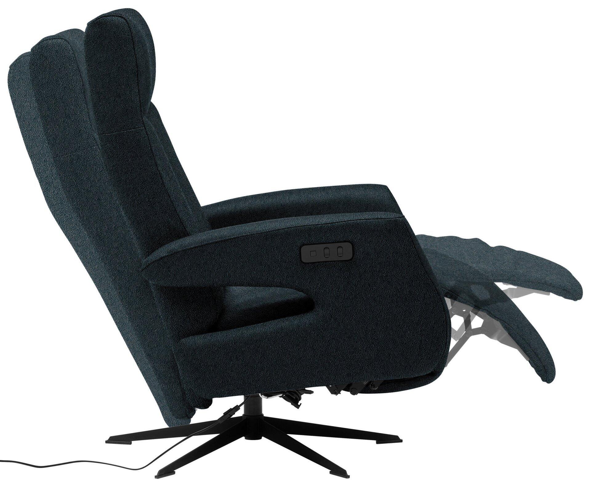 Dunkelblauer Relaxsessel Modell 8001 mit schwarzem Sternfuß und ausgefahrenem Fußteil, inklusive Bedienfeld für die Relaxfunktion.
