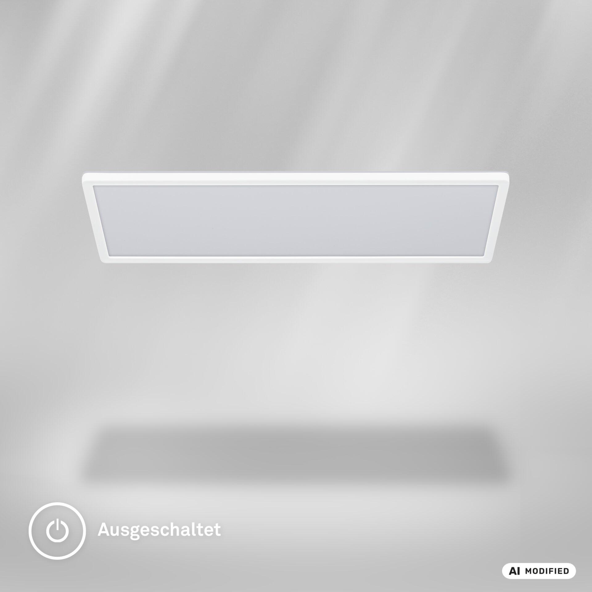 LED-Deckenleuchte Panel Move im ausgeschalteten Zustand, abgebildet aus einer schrägen Unterperspektive, die den schlanken, weißen Rahmen betont.