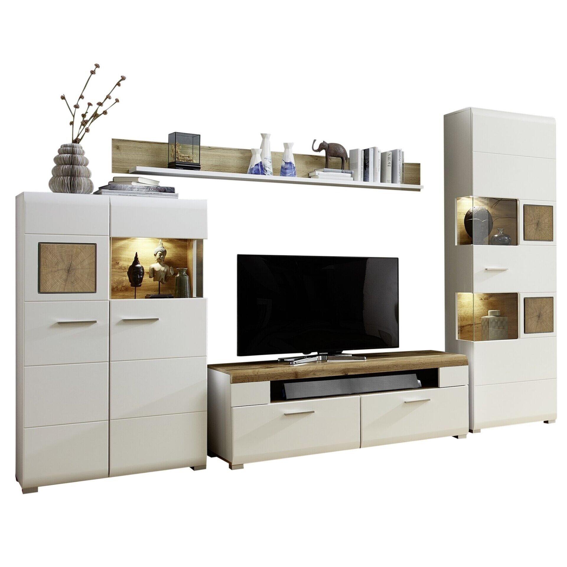 Modernes TV-Möbel-Set „Fun Plus“ mit weißem Lowboard, Sideboards mit LED-beleuchteten Glastüren und Wandregal, dargestellt in Frontalperspektive mit Fokus auf die Anordnung der Elemente und die integrierte Beleuchtung.