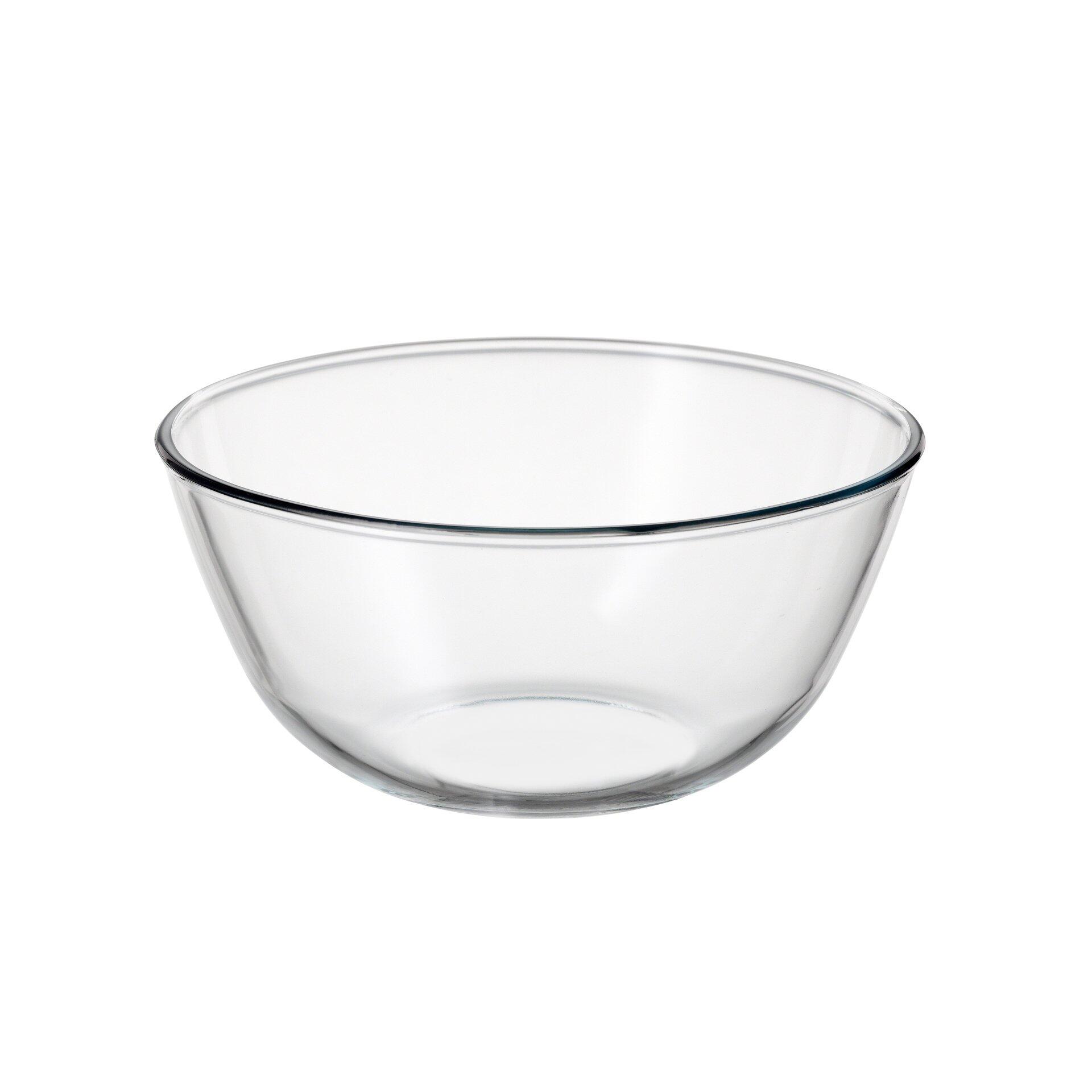 Runde Rührschüssel aus Borosilikatglas, aus der Vogelperspektive leicht schräg dargestellt, zeigt den transparenten Innenraum und den nach innen gebogenen Rand.