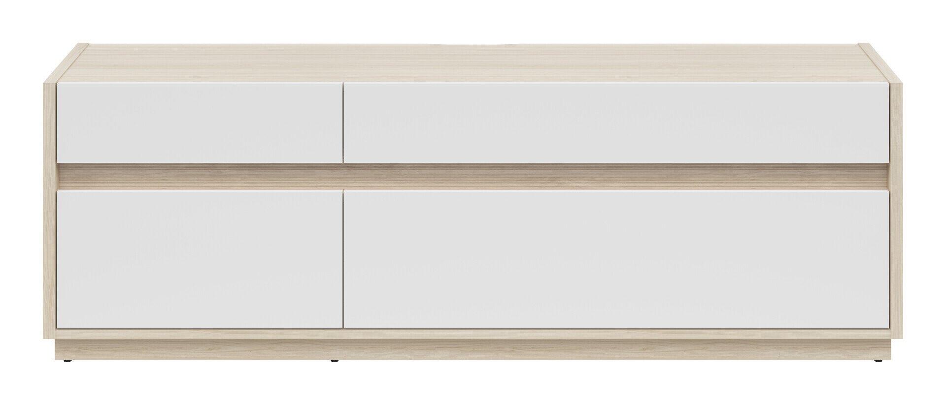 TV-Lowboard Kim mit drei Schubladen, weißem Korpus und hellem Holzstreifen in der Mitte, aus Frontalperspektive.