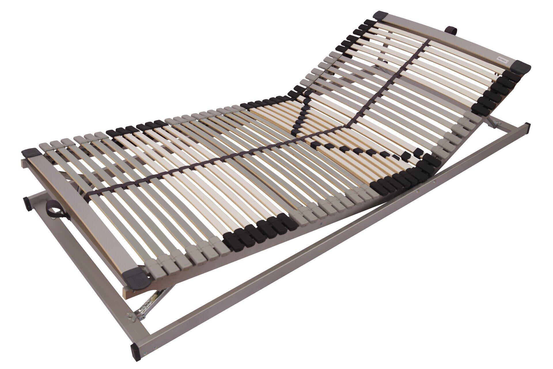 Lattenrost Classic L4050KF mit grauem Metallrahmen und flexiblen Holzlamellen zur individuellen Anpassung der Liegefläche, wobei der Kopfbereich erhöht ist und eine Verstelltaste sichtbar ist.