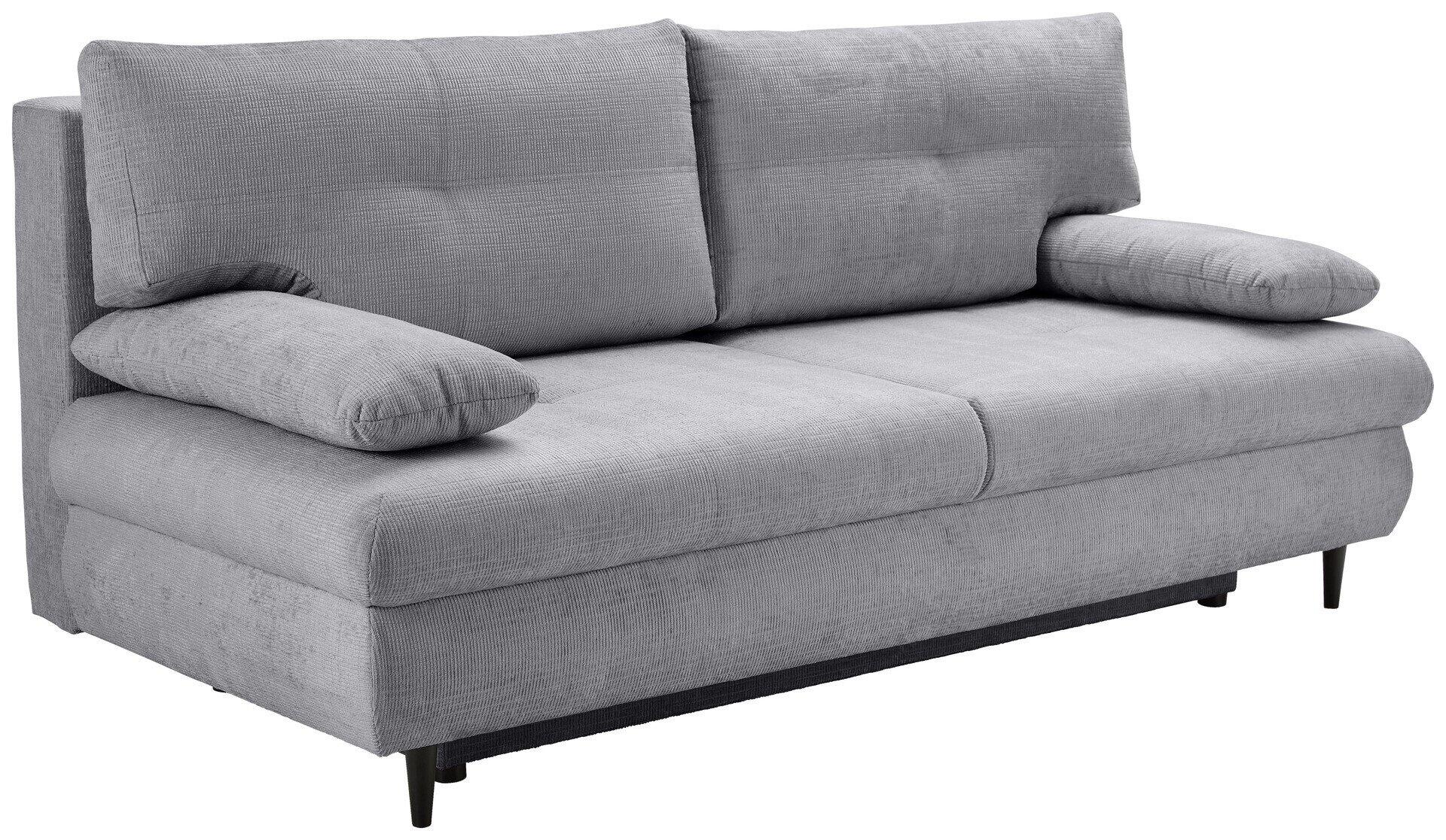 Schlafsofa Virgo Lux in 3/4-Ansicht mit ausgezogener Liegefläche, separaten Rückenkissen und sichtbaren schwarzen Füßen.