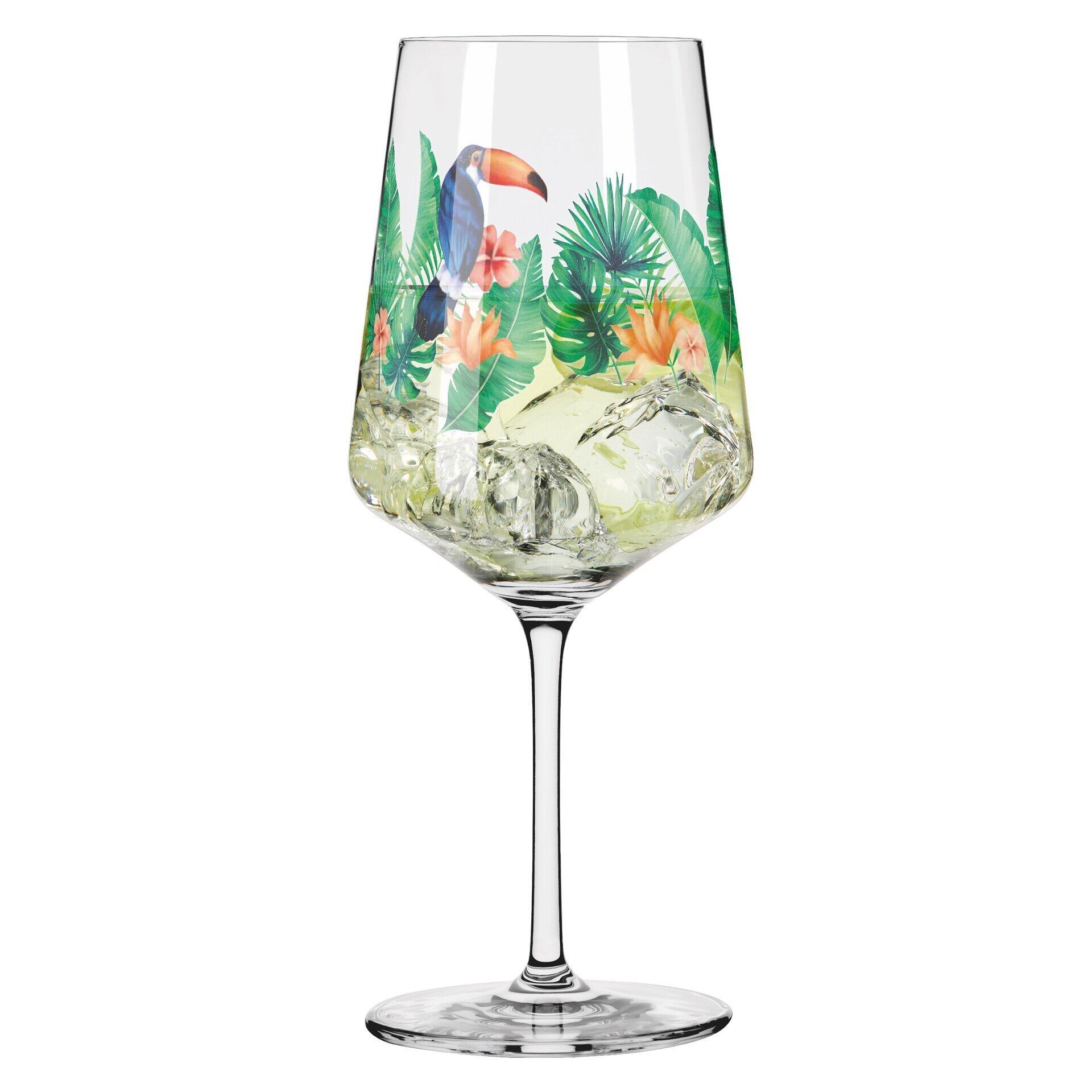 Tucan Aperitifglas mit farbenfrohem Motiv von Ara und tropischer Szene, dargestellt in Seitenperspektive mit detaillierter Darstellung von Schlaufe, Oberfläche und Eiskristallen.