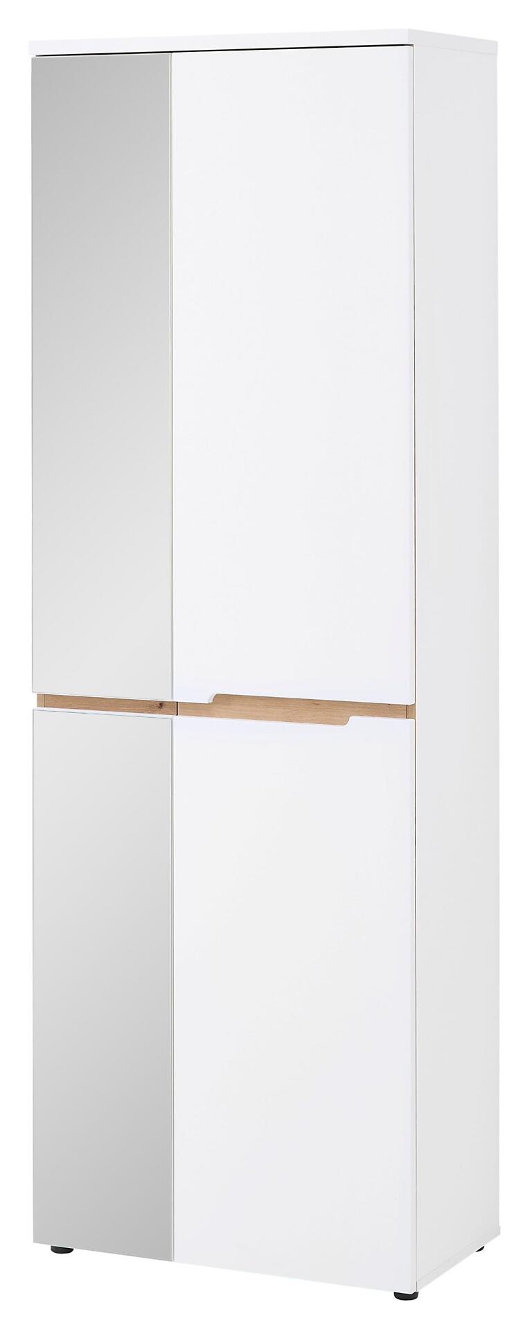 Garderobenschrank Memphis mit weißer, supermatter Front und Artisan Eiche Nb-Absetzung, dargestellt mit geteilten, glänzenden und matten Türhälften sowie unsichtbaren Griffen und schwarzen Füßen.