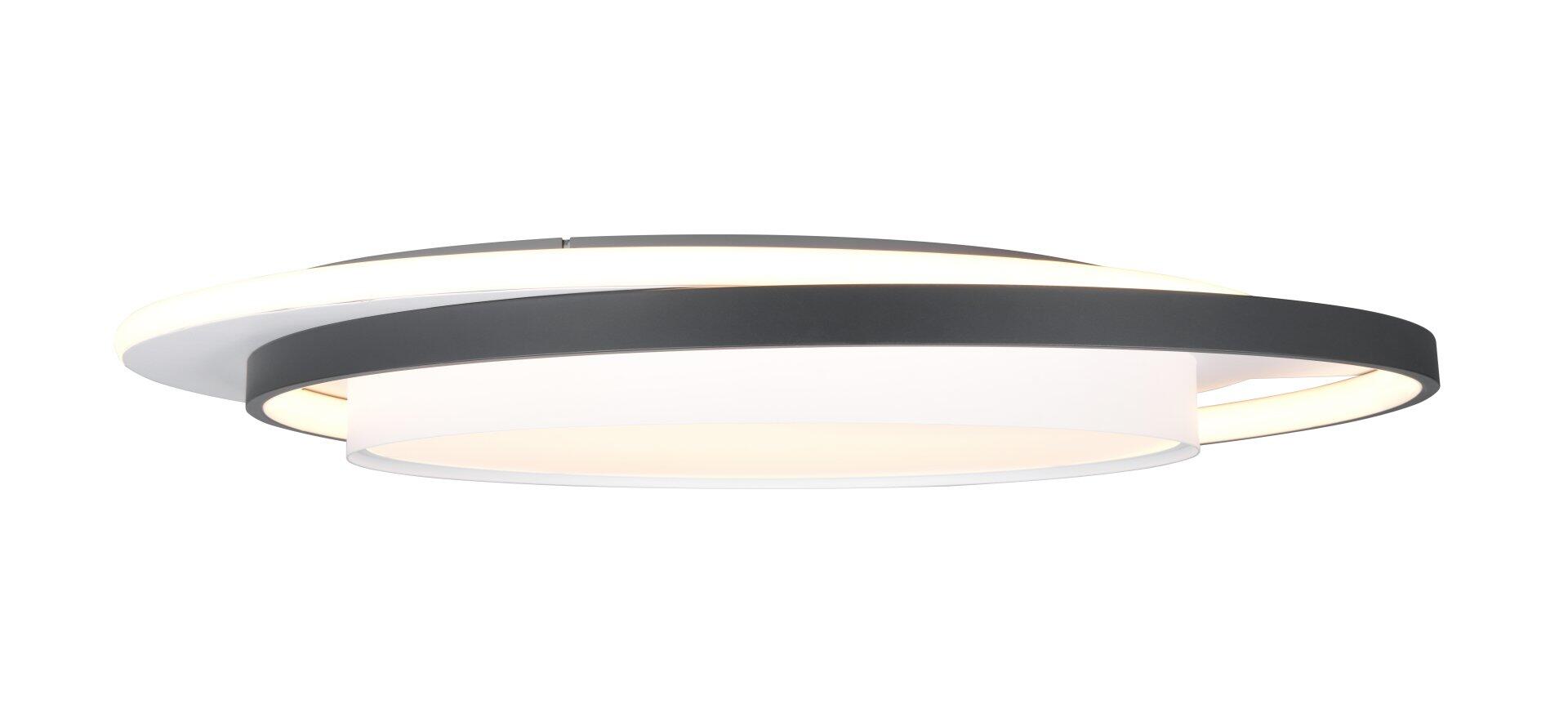 Deckenleuchte Ceru mit kreisförmigem, anthrazitfarbenem Rahmen und zwei weißen Lichtflächen, die ein diffuses und warmes Licht abstrahlen.