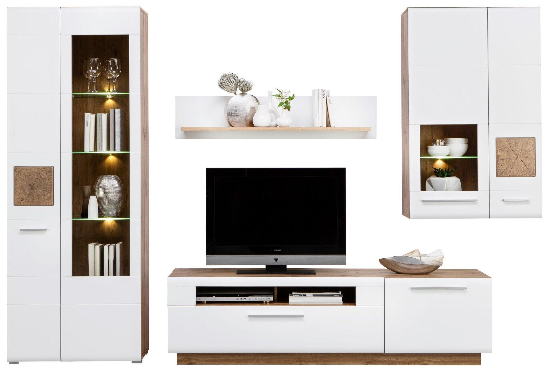 TV-Wohnlösung Savona mit weißen Lackfronten, Holzsockel, Schubladen, offenen Fächern und Sideboards mit Glastüren, präsentiert auf einer Wandkonsole.
