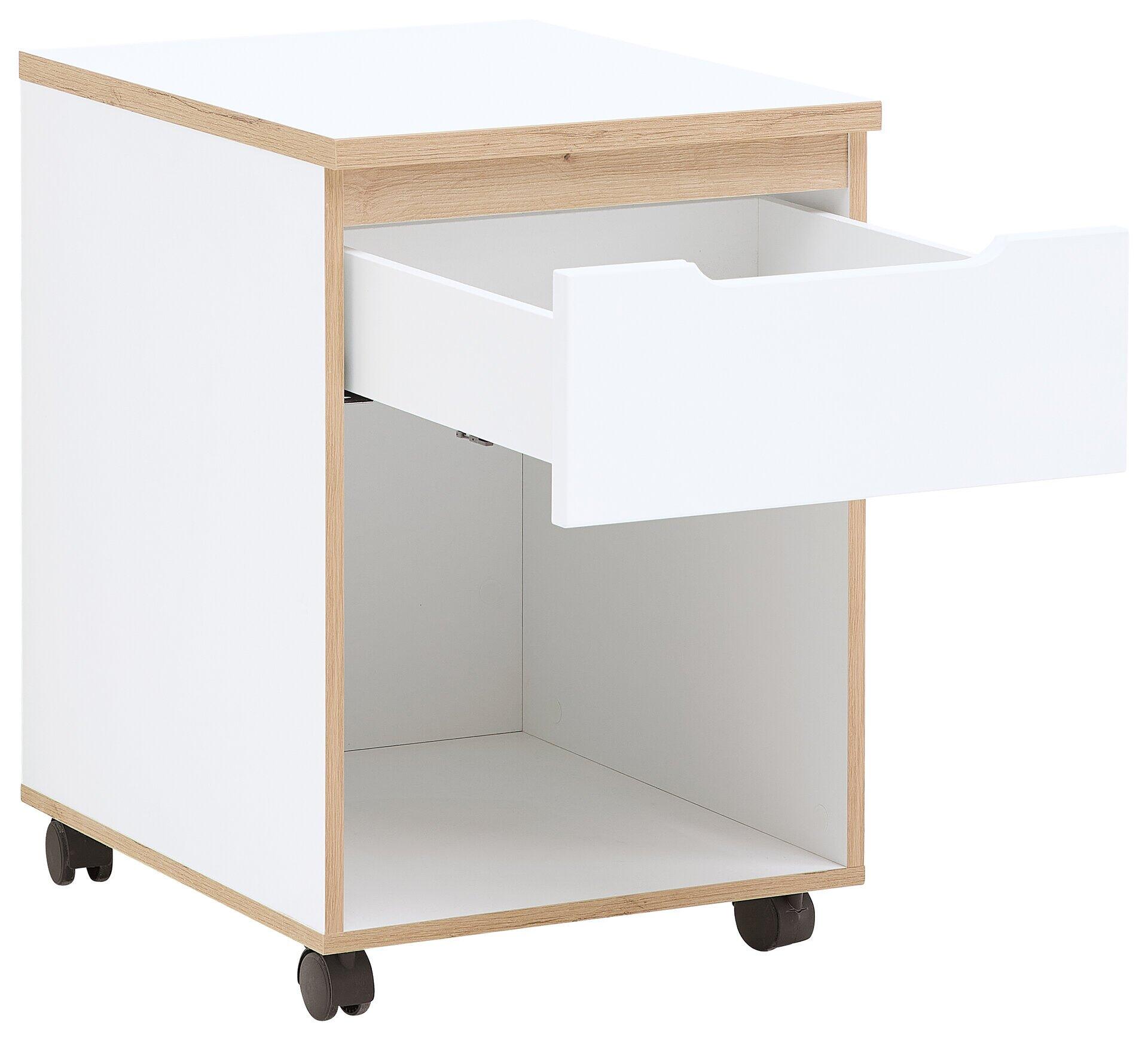 Rollcontainer Memphis mit weißer Front, geöffneter Schublade und offenem Stauraum auf Rollen aus der Vogelperspektive.