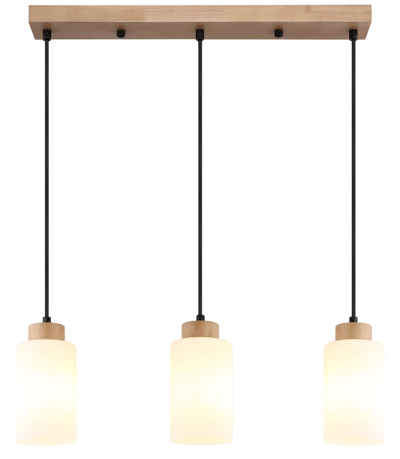 Drei moderne Hängeleuchten ROWENA mit weißen Glaszylindern und hellem Holz-Untergestell, die an einem quadratischen Holz-Deckenträger hängen.