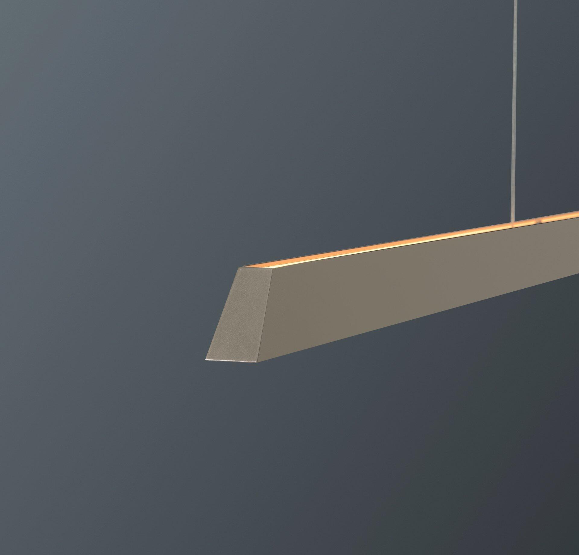 Pendelleuchte Now 20 mit rechteckigem Korpus und integriertem Aufhängekabel, dargestellt in einer schrägen Ansicht, die das Design und die warmes Licht betont.