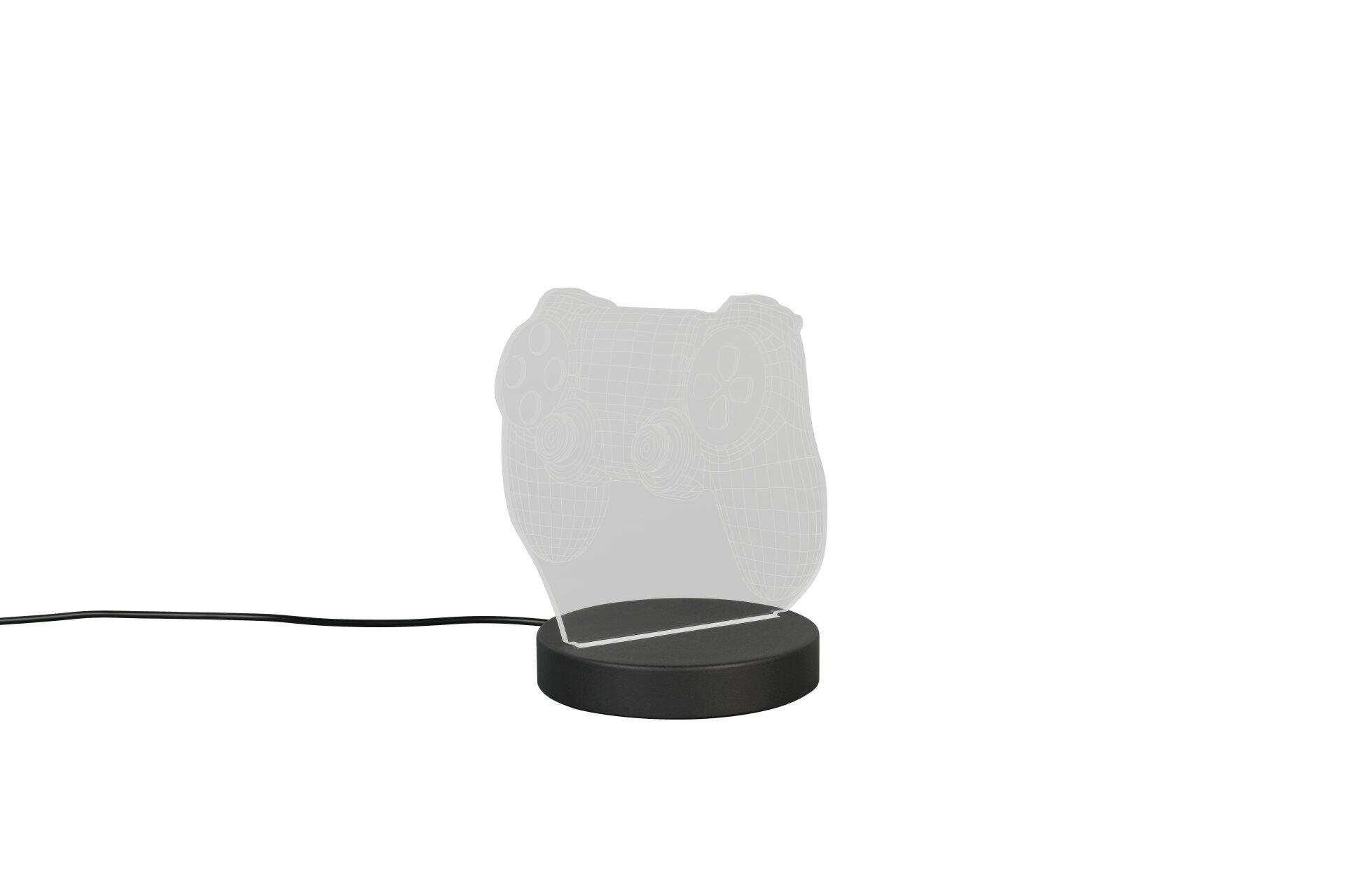 Tischleuchte Joy mit Controller-Design und transparenter Hülle, beleuchtet zur Hervorhebung der Formgebung.