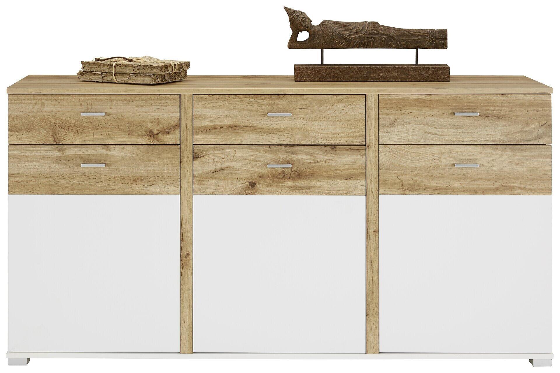 Sideboard Alamo mit drei weißen, griff-losen Türen, drei Schubladen mit silberfarbenen Griffen und dekorativer Buddha-Statue auf der Oberseite.