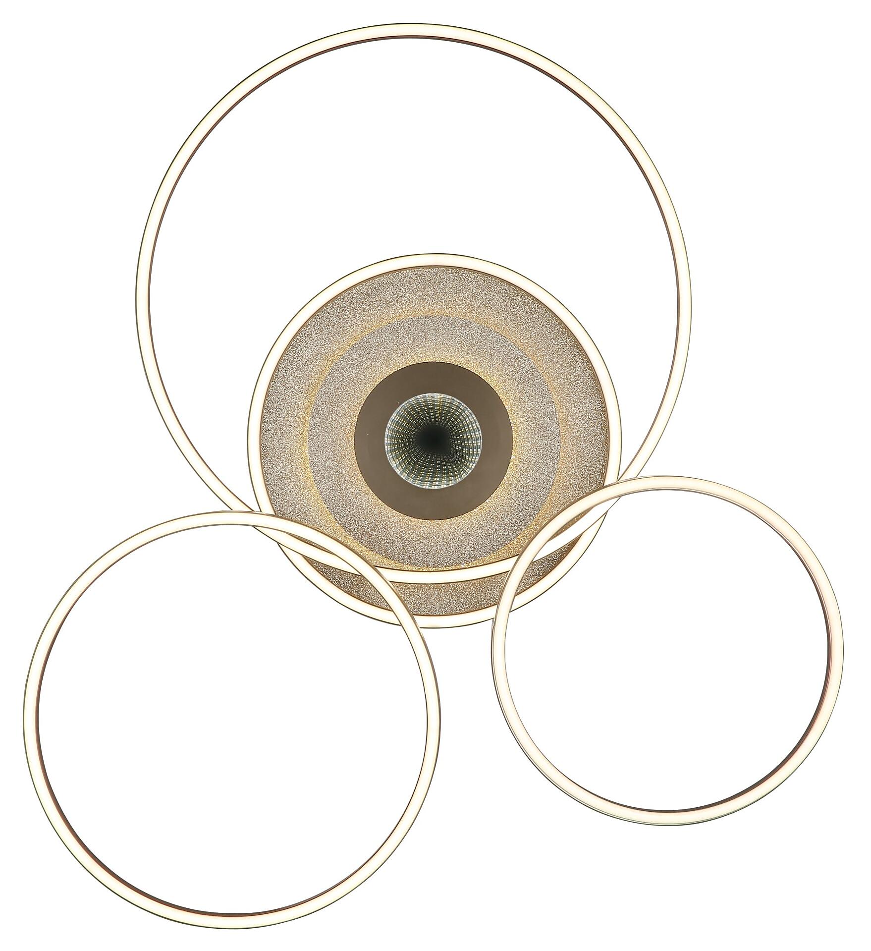 Deckenleuchte MILES mit mehreren, übereinanderliegenden, konischen Goldton-Schichten und reflektierenden, ringförmigen Metallelementen, fotografiert aus einem Winkel, der den Lampenkopf zur Gänze zeigt.