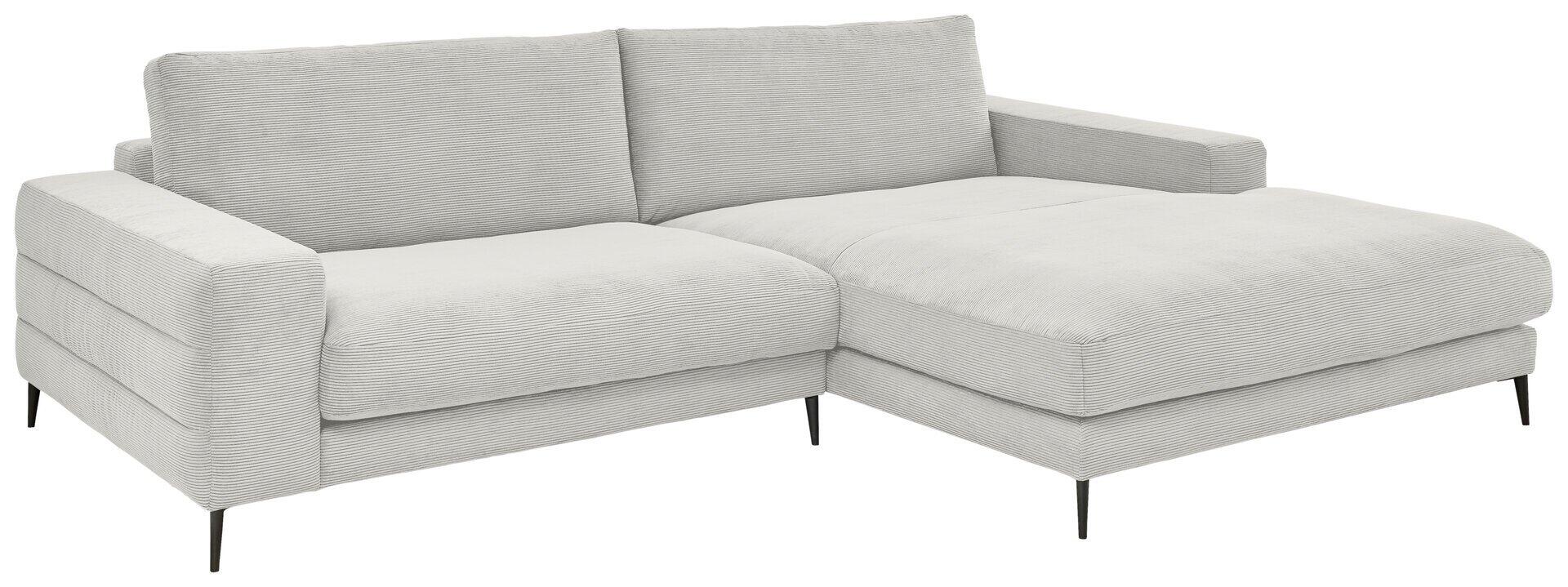 Eckcouch Badia Base 2.0 in Grau mit schwarzen, schmalen Metallfüßen und abgerundeten Armlehnen, die eine komfortable Liegefläche bietet.