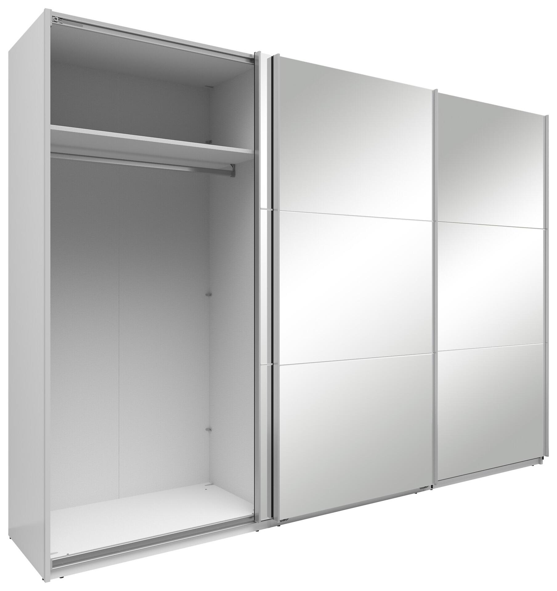 Schwebetürenschrank Neo in Weiß mit offener linke Schrankseite, die ein oberes Fach, eine Kleiderstange und den Boden zeigt, sowie zwei rechtsseitige, schmale Türen mit glatter Oberfläche.