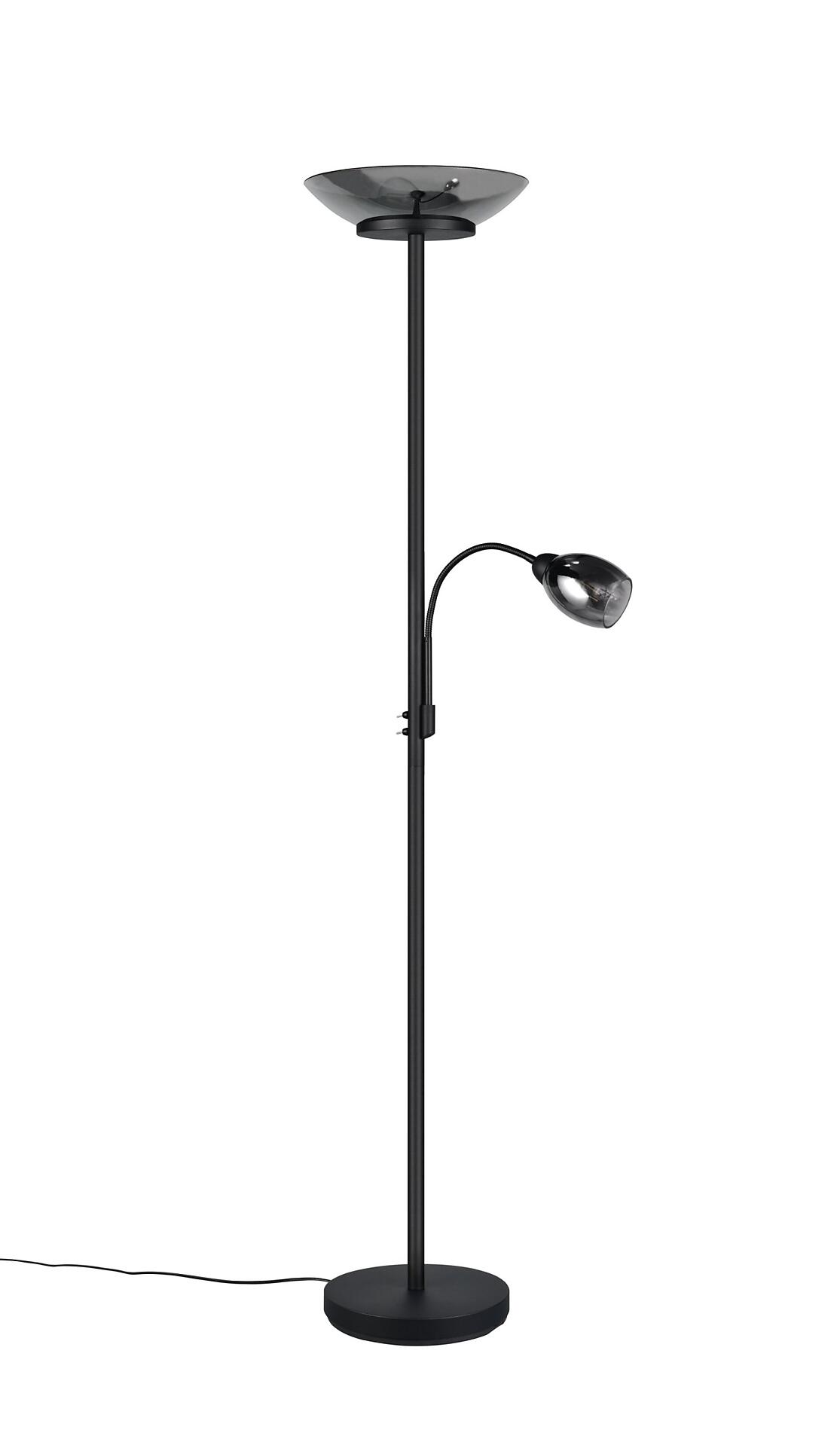 Stehleuchte Gerry mit abgewinkeltem Arm und separater, kleiner Zusatzlampe zur direkten Ausrichtung des Lichtkegels.