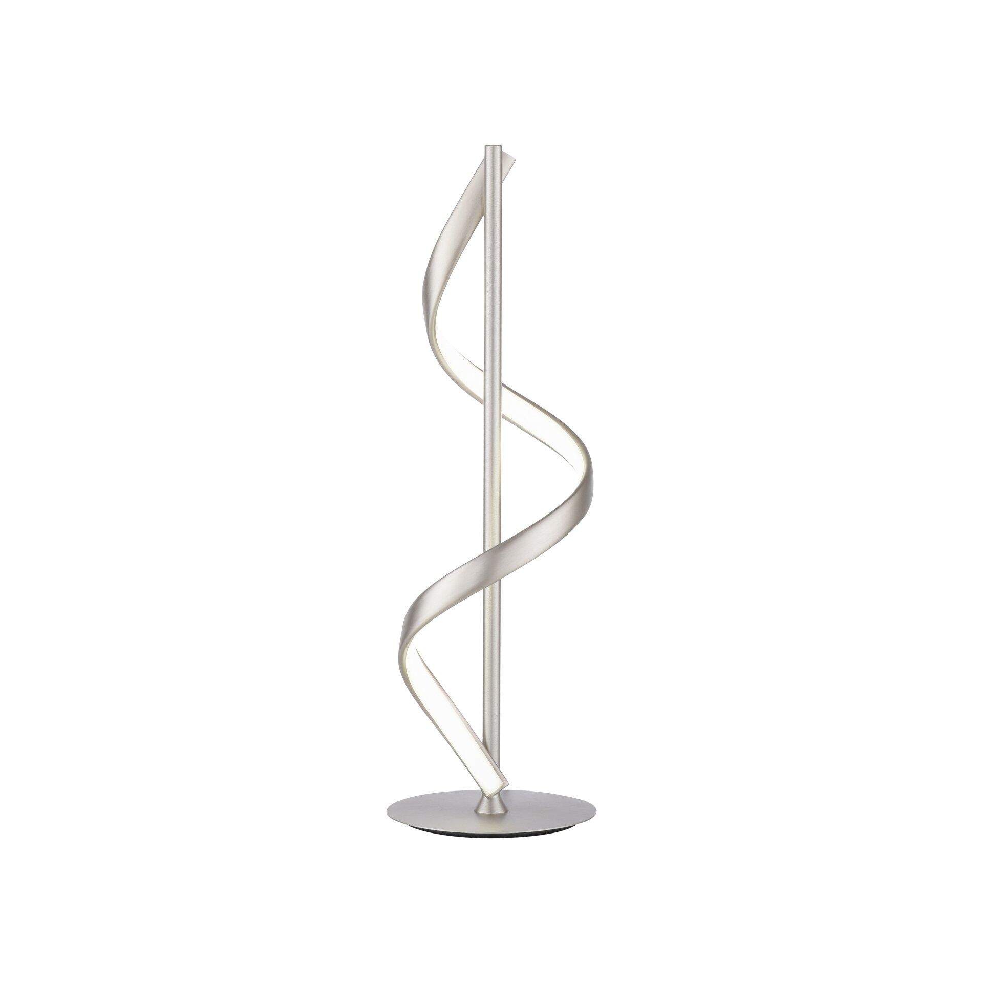 Tischleuchte Q-Swing mit spiralförmiger Lichtleiste und dimmbarer LED-Beleuchtung, dargestellt aus leicht erhöhter Frontalperspektive.