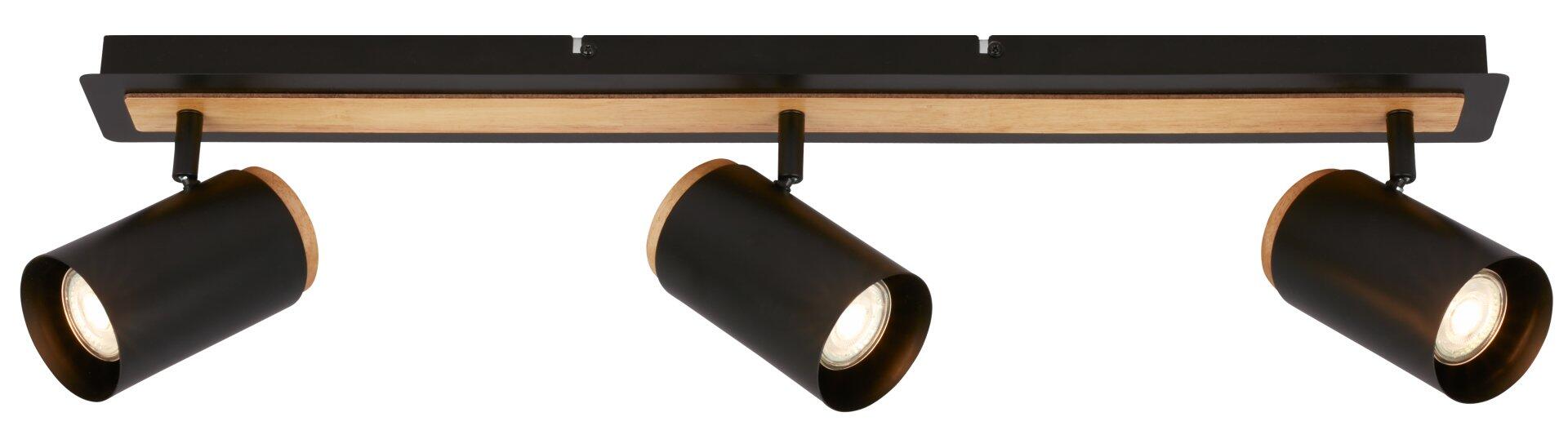 Spot, Duta: Dreiflammige Deckenleuchte mit schwarzem Korpus, kupferfarbenem Innenraum und hölzerner Grundplatte, wobei die Lampen in konischer Form leicht nach unten gerichtet sind.