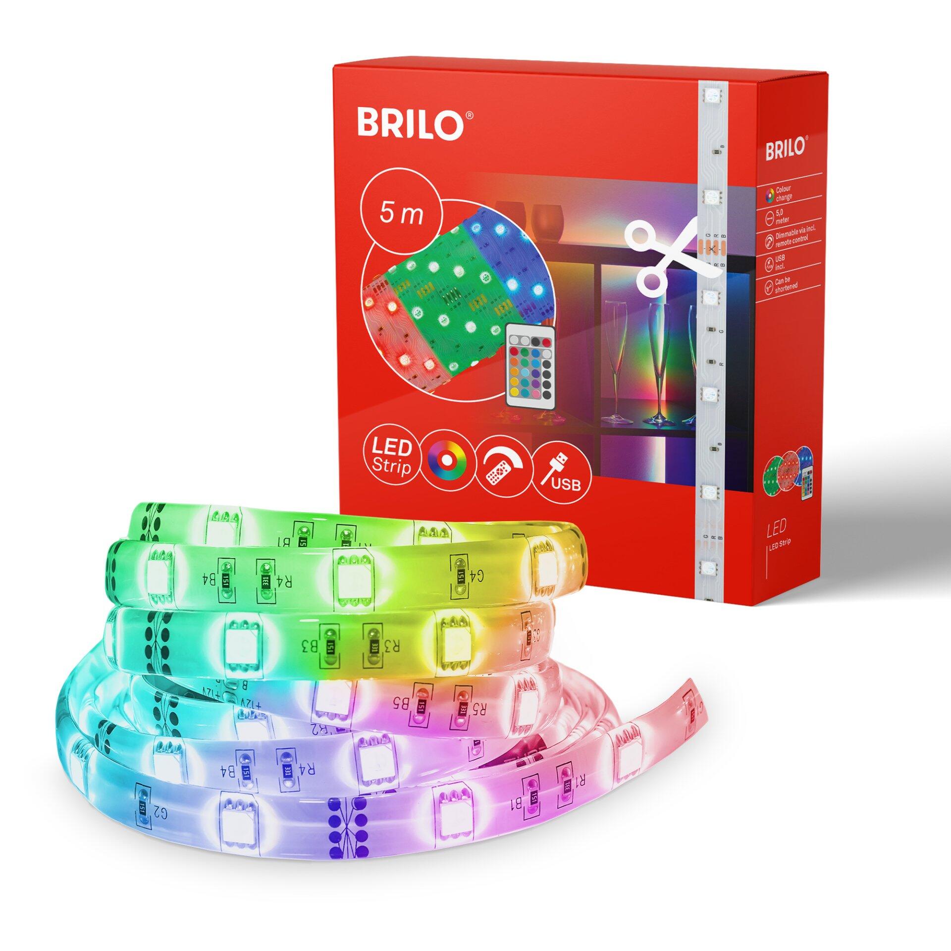 BRILLO LED Band mit Farbwechsel-Funktion und Fernbedienung, dargestellt in Lila und mit Produktverpackung inklusive Funktionssymbolen.