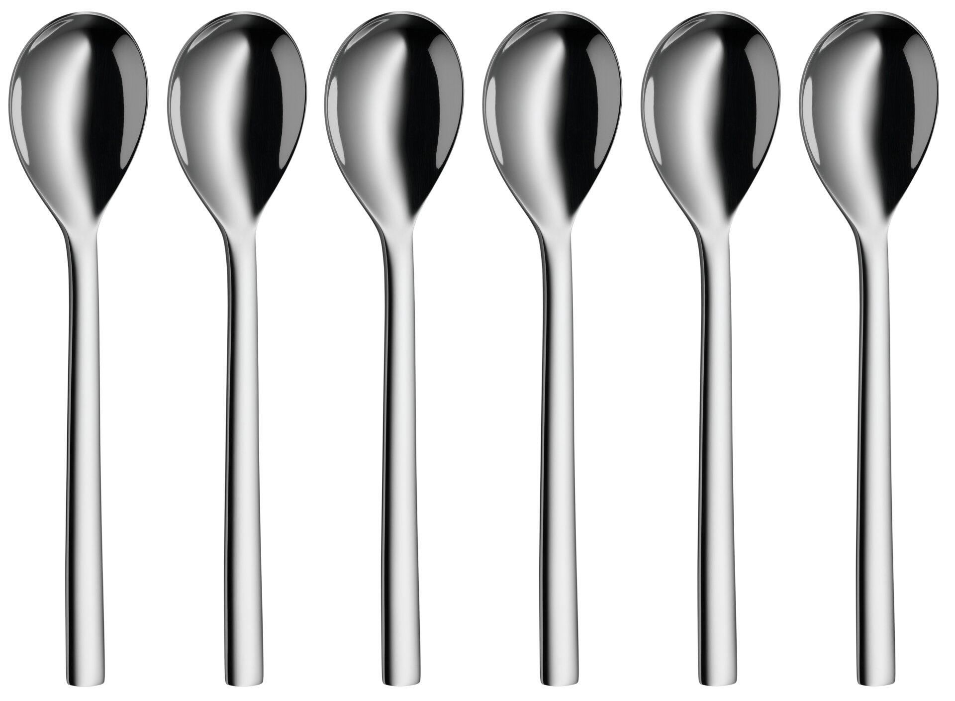 WMF Nuova Kaffeebecherlöffel: Sechs silberne Edelstahl-Kaffeebecherlöffel in einer frontalen Ansicht.