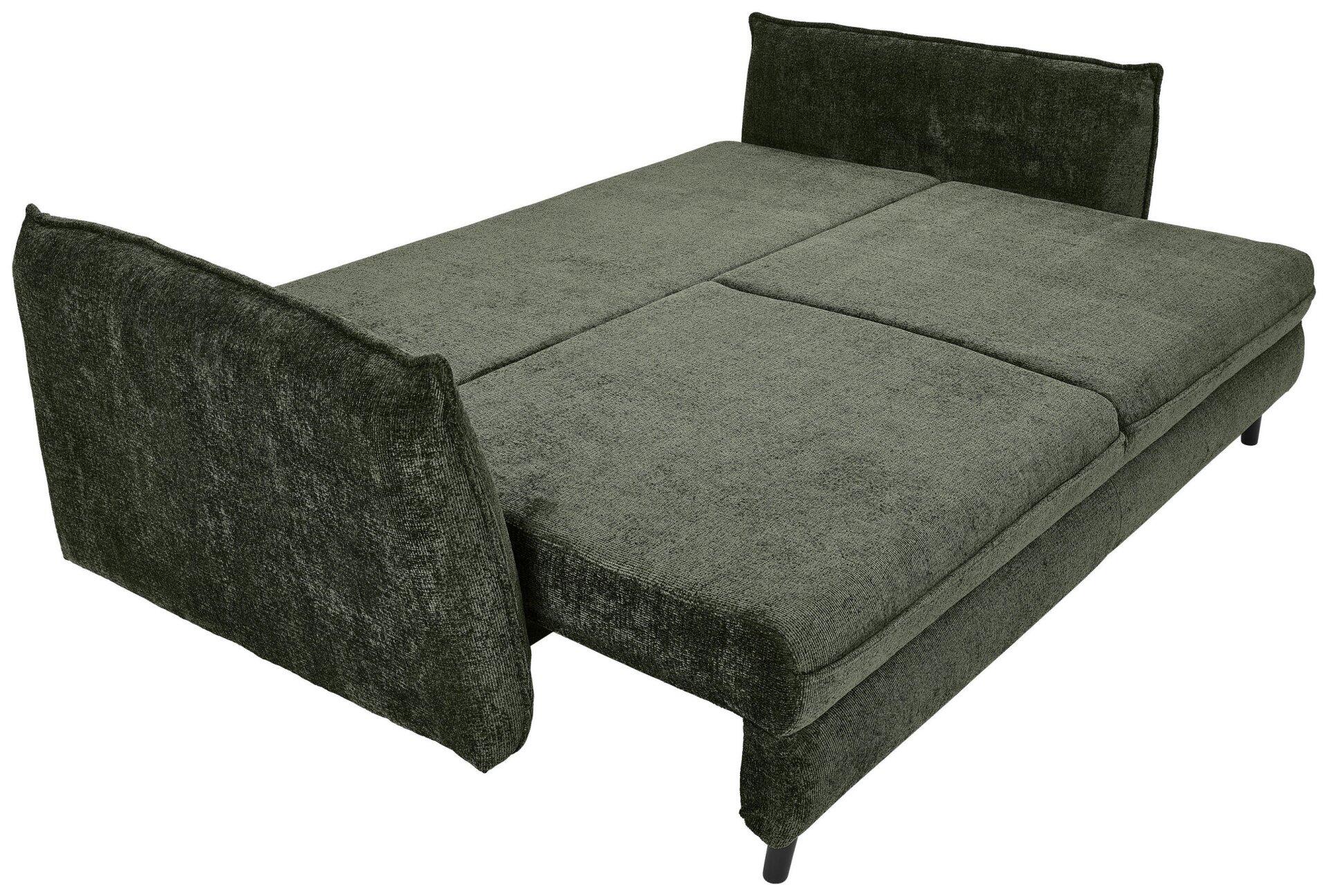 Ausgeklapptes Schlafsofa Santana mit durchgesteckter Liegefläche und schmalen, schwarzen Füßen.
