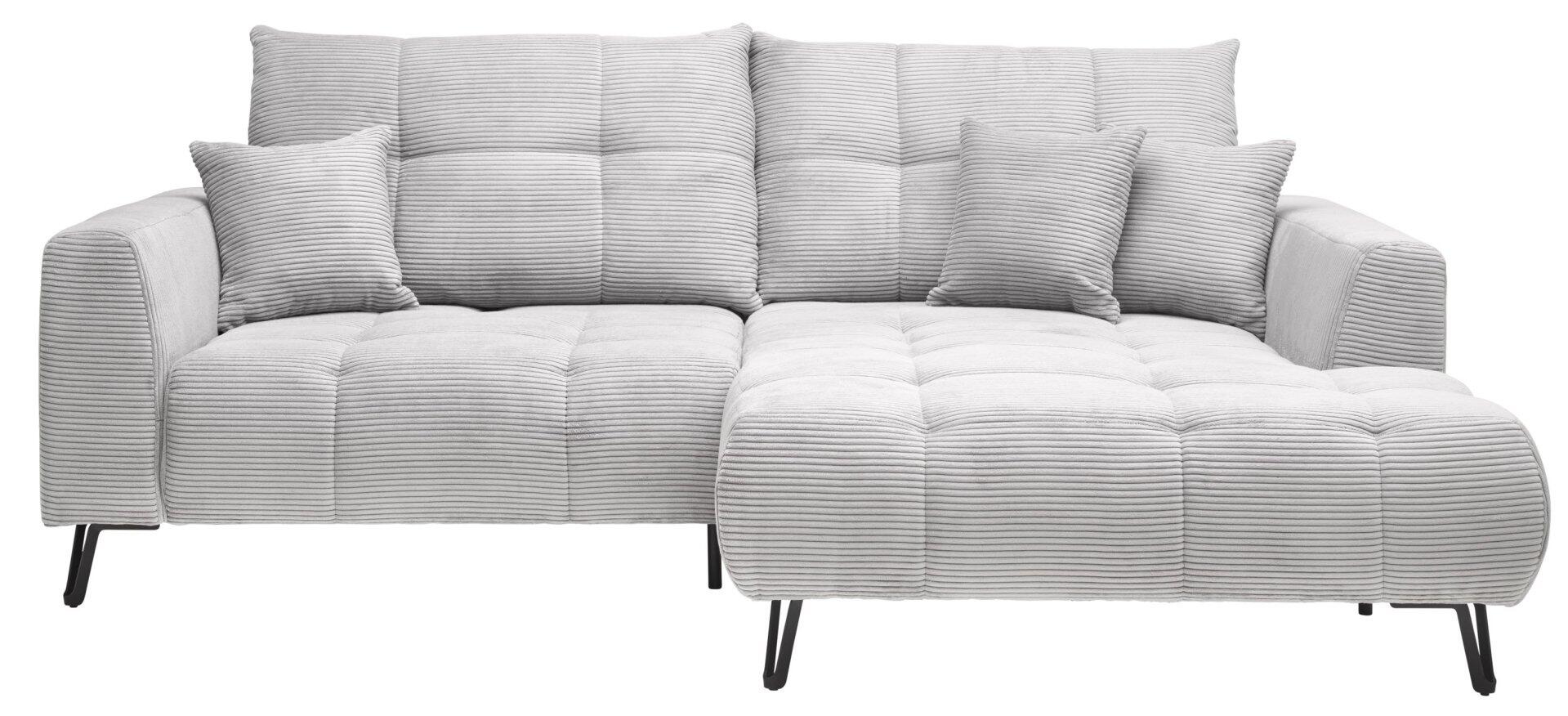 Wohnlandschaft Swing: Detailaufnahme der grauen Eckcouch aus der Vogelperspektive mit gewellter Stoffstruktur, segmentierten Rückenlehnen für flexible Sitzpositionen und breiten Armlehnen auf schwarzen Metallfüßen.