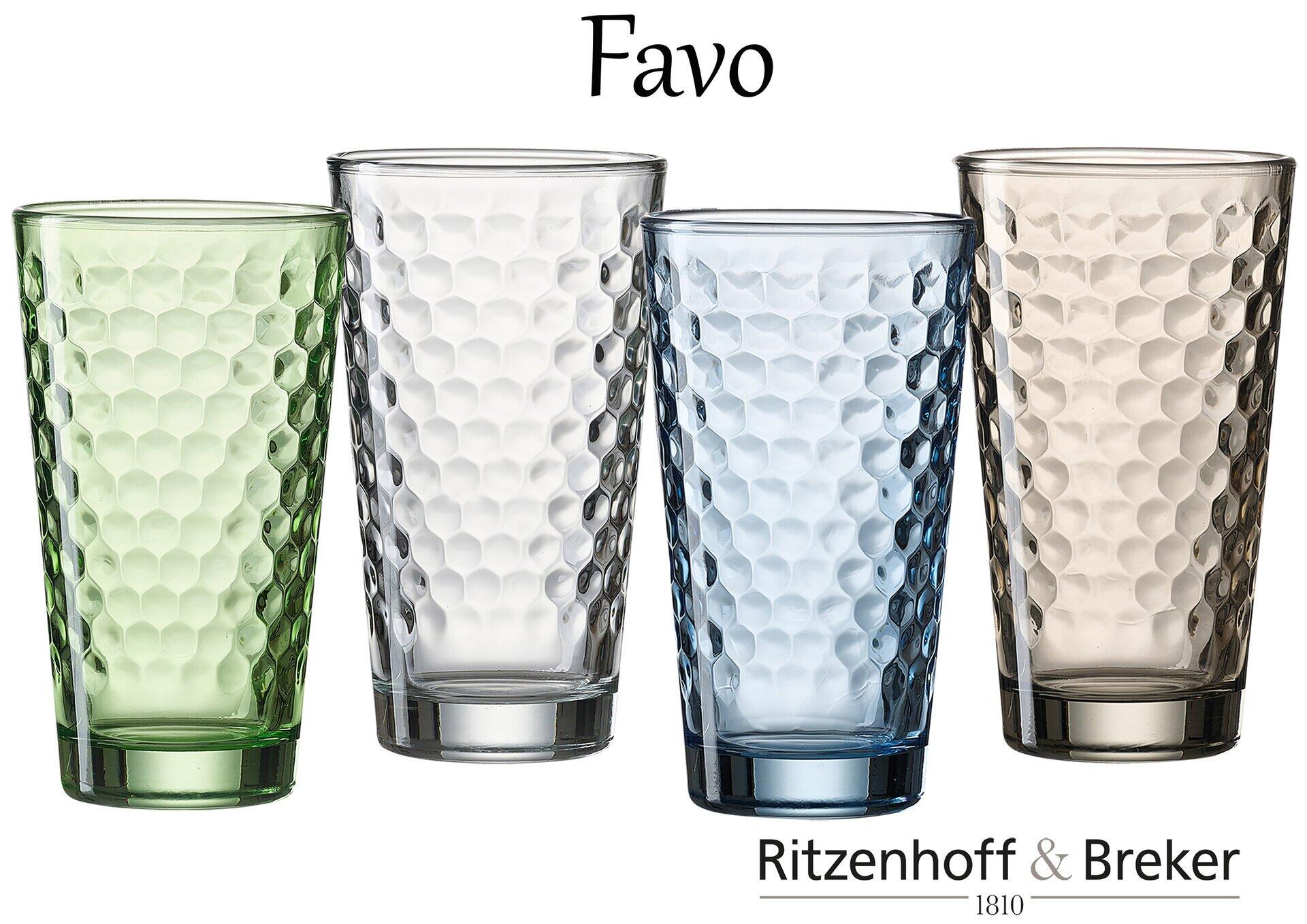 Vier farbige Longdrinkgläser "Favo" von Ritzenhoff & Breker mit sechseckiger Wabenstruktur, dargestellt in einer Reihenperspektive aus der Frontalansicht.