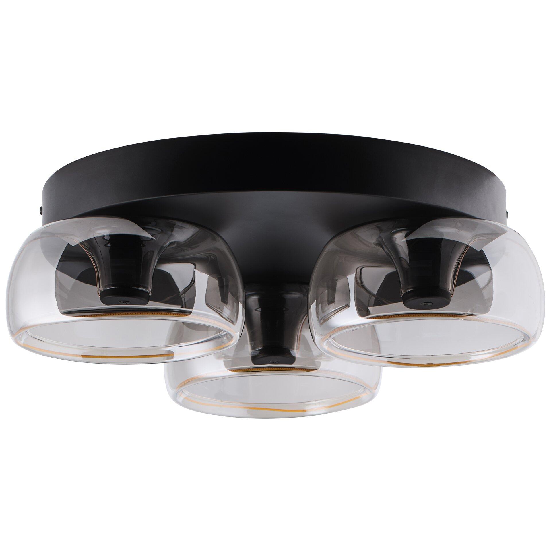 Deckenleuchte Phantom mit drei bauchigen Glasschirm, schwarzen Metallbügeln und rundem Montagerahmen in Frontalperspektive.
