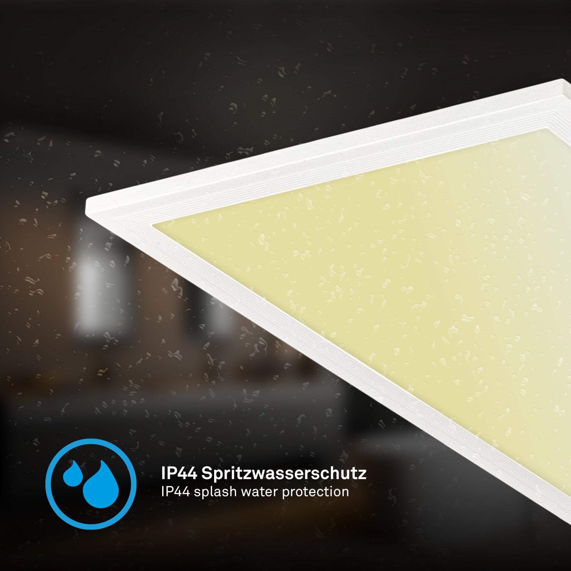 Weiße Platttraufe Piatto mit hellgelbem Farbton und IP44-Spritzwasserschutz, Detailansicht von oben und schräg.
