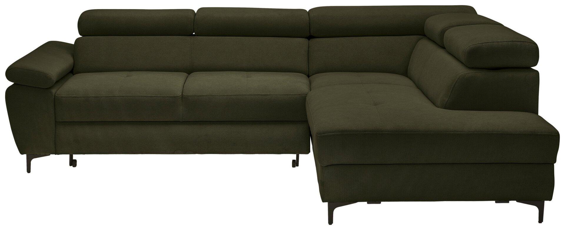 Dunkelgrünes Ecksofa Combo mit Winkelfüßen, abklappbaren Kopfstützen, verstellbaren Arm- und Kopfteilen sowie einer Eckausziehfaltung für eine erweiterte Liegefläche.
