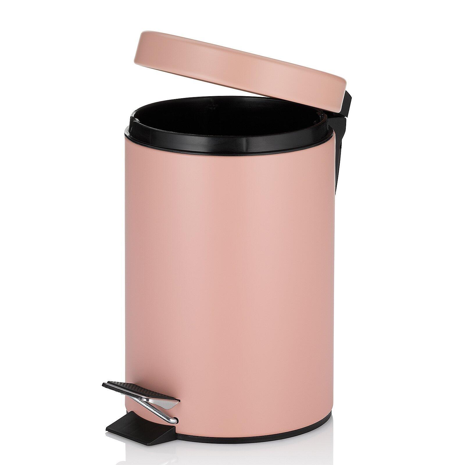 Kosmetikeimer Monaco mit Trittpedal, Blickwinkel von unten zeigt das rosafarbene Design mit zylindrischem Korpus, hellem Deckel und schwarzem Innenraum.
