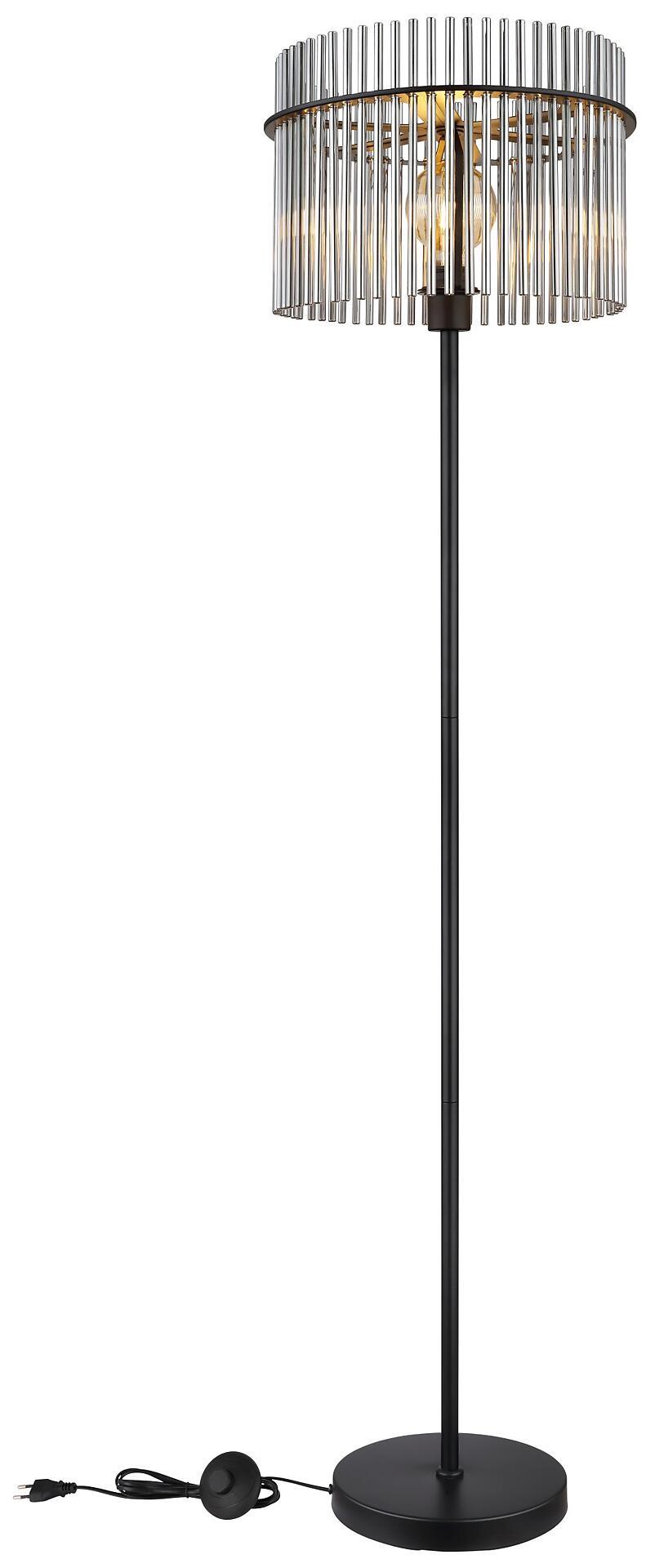 Stehleuchte GORLEY mit rauchfarbenem Glaskörper und Fußtrittschalter im Kabel, dargestellt in frontalem Blick mit zylindrischem Schirm aus rechteckigen Elementen.