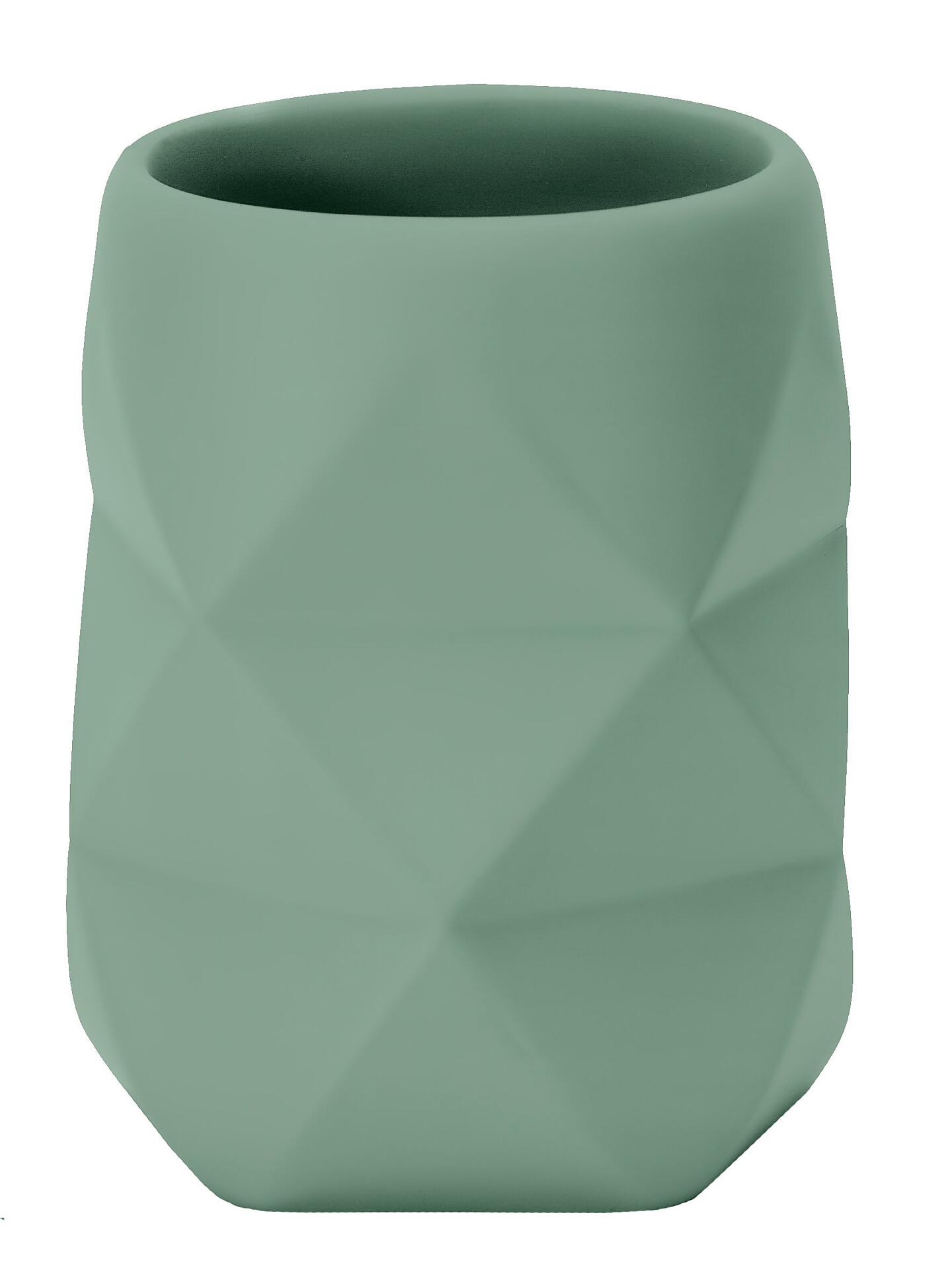 Zahnputzbecher Crackle von Maledivia: Geometrisch gestalteter, zylindrischer Polyresin-Behälter mit strukturierter, facettenreicher Oberfläche in hellem Grün.