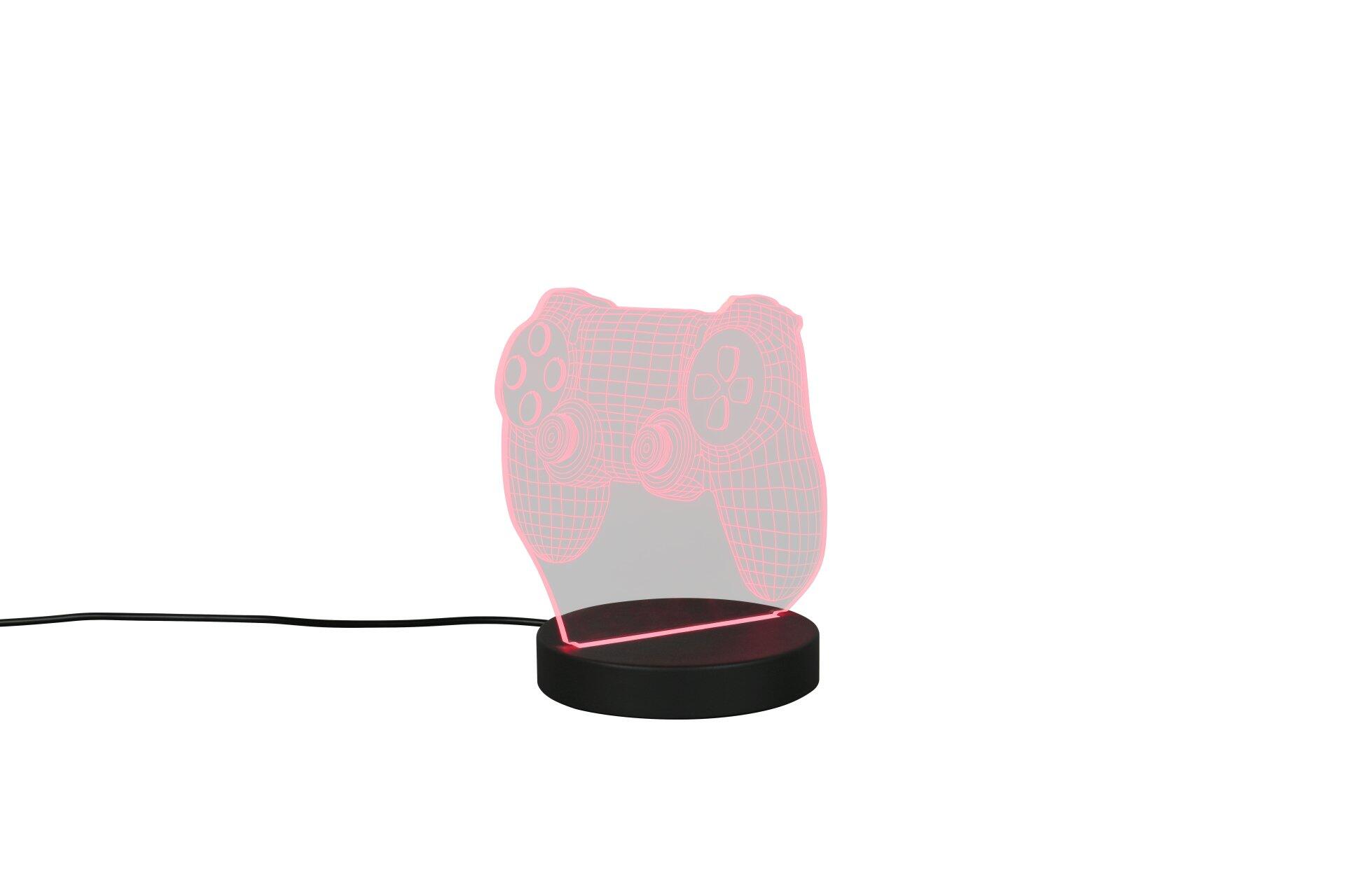 Tischleuchte Joy mit rotem Licht, das durch ein durchscheinendes, gitterförmiges Design scheint und auf einem schwarzen Fuß steht.