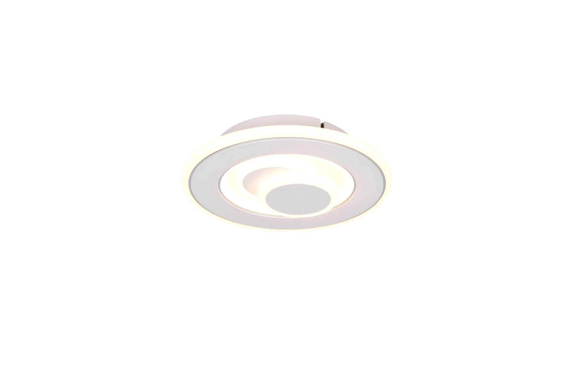 Deckenleuchte Tamaro mit kreisförmigem, spiralförmigem Design aus weißen Ringen und zentraler Lichtquelle.