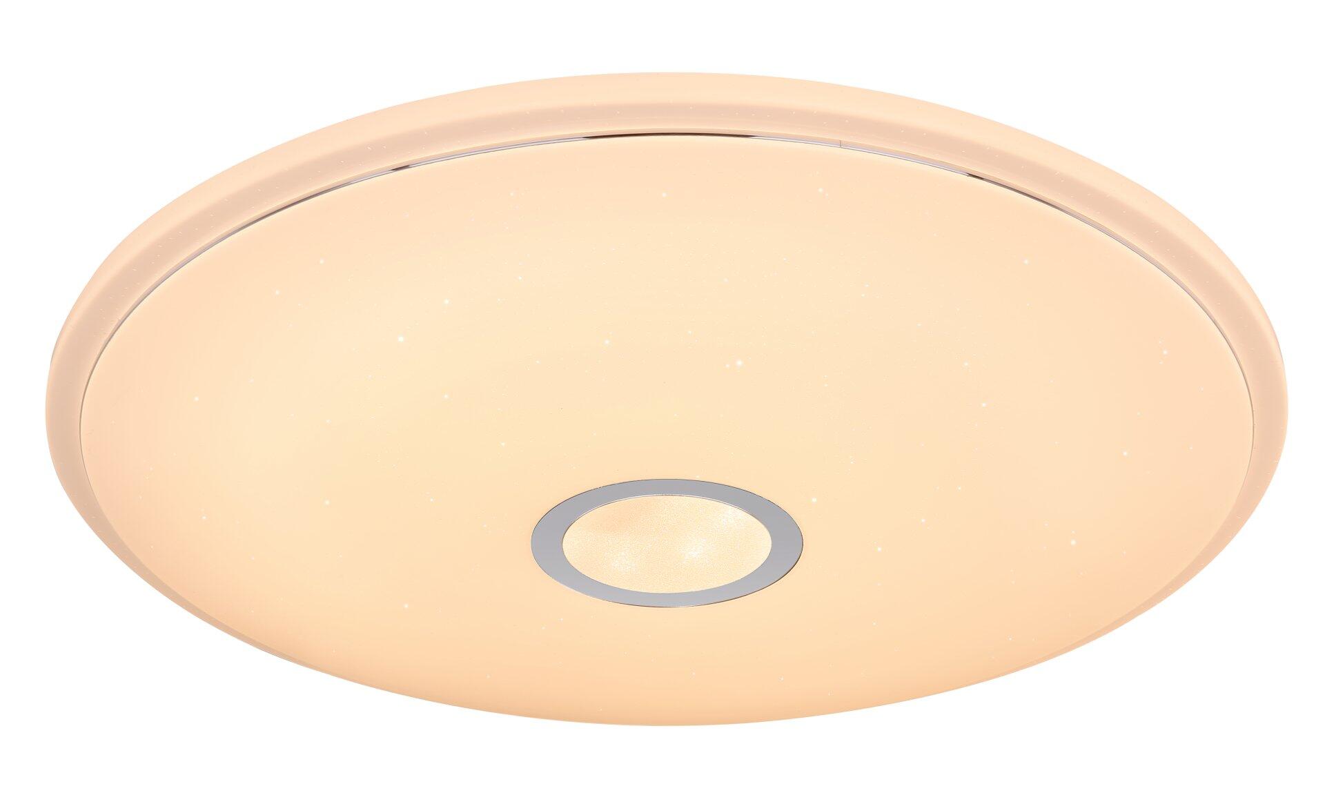 Deckenleuchte CONNOR mit opalem Acrylglas und silberfarbenem Ring in Frontalperspektive.