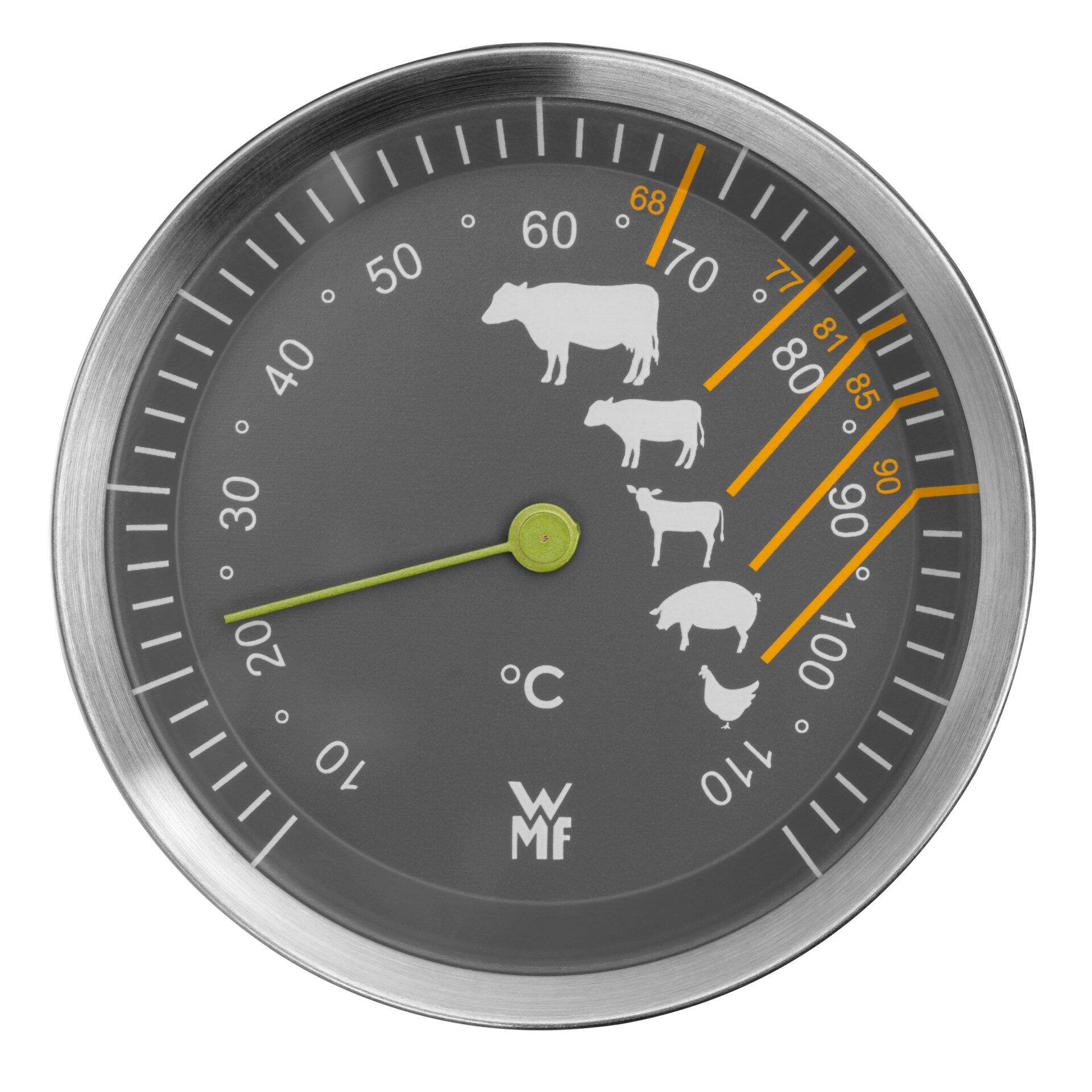 WMF Thermometer mit silbernem Rahmen, Celsius-Skala von 0°C bis 110°C, stilisierter Tierdarstellung und grünem Zeiger, der eine Temperatur anzeigt.