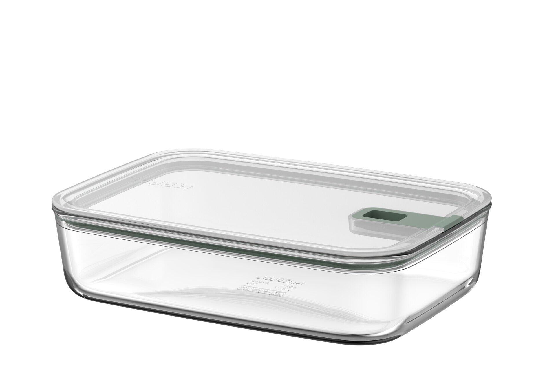 Frischhaltedose Glas Easyclip mit dunkelgrünem Silikonrand und Griff, detailliert aus Vogelperspektive dargestellt.