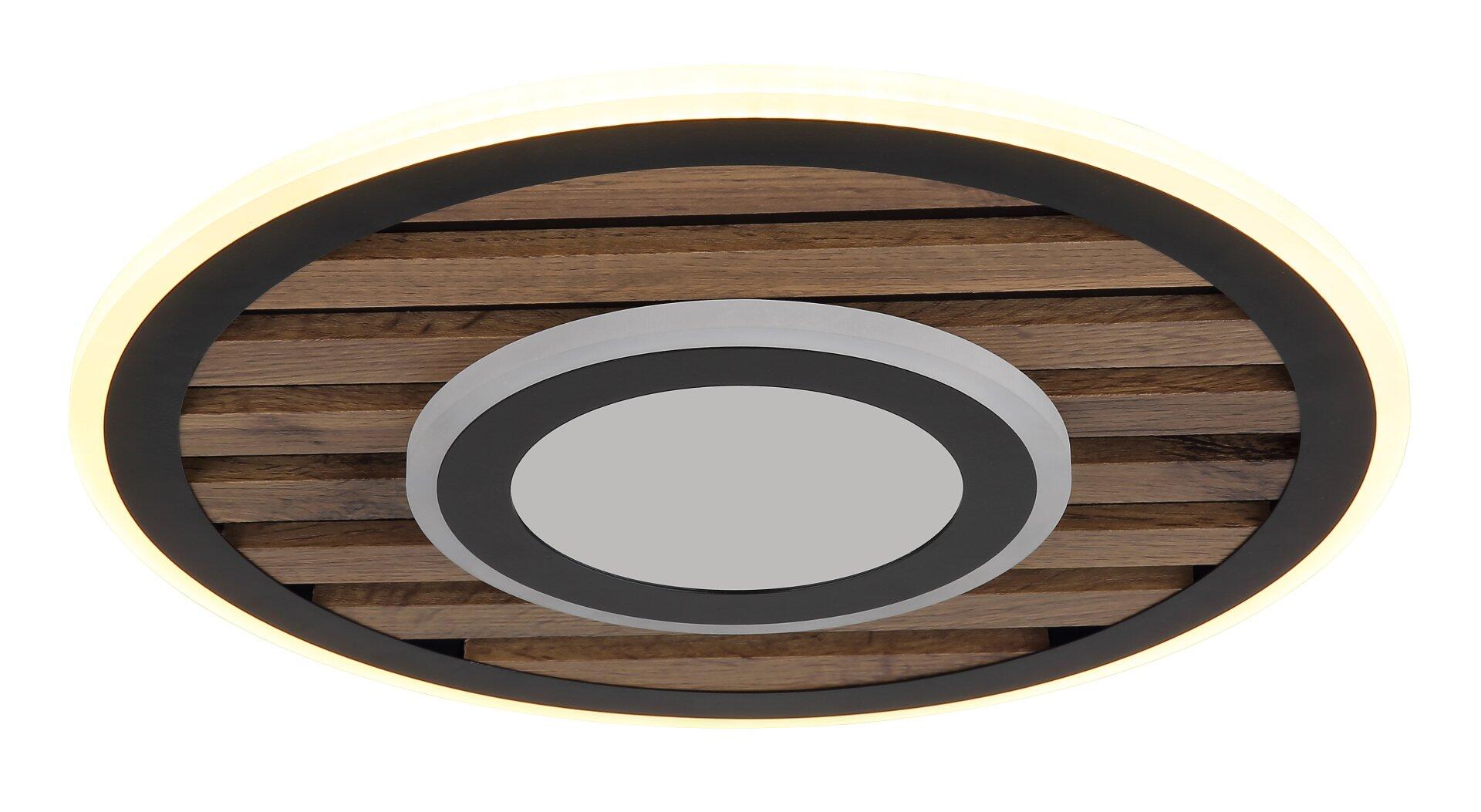 Runder Wandtresor aus Holz und Metall mit horizontaler Maserung, schwarzem Metallrahmen und zentralem, grauen Metallfach.