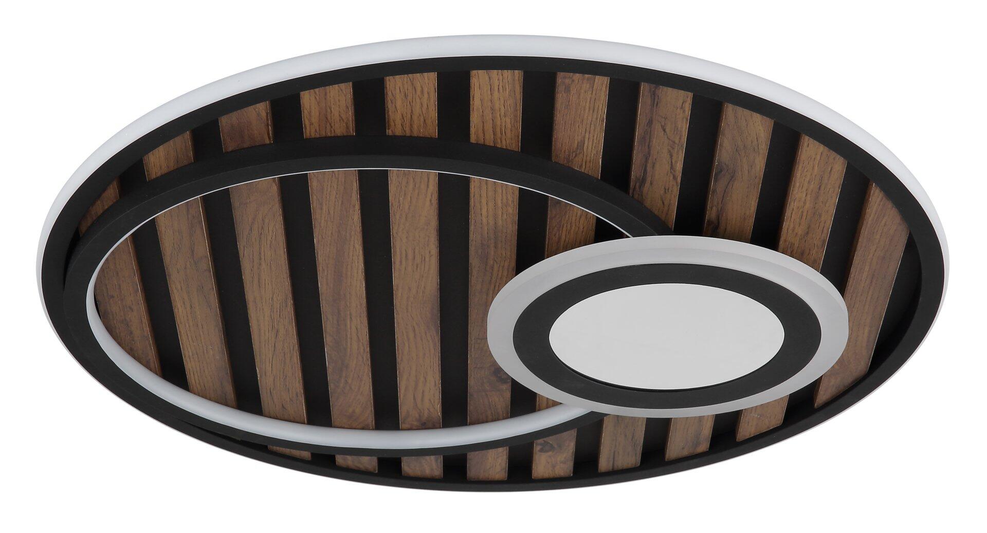 Deckenleuchte WOODY mit oval-rundem Design, schwarzem Rahmen und weißem Innenring, dargestellt aus der Vogelperspektive mit holzigen Streifen im Inneren.