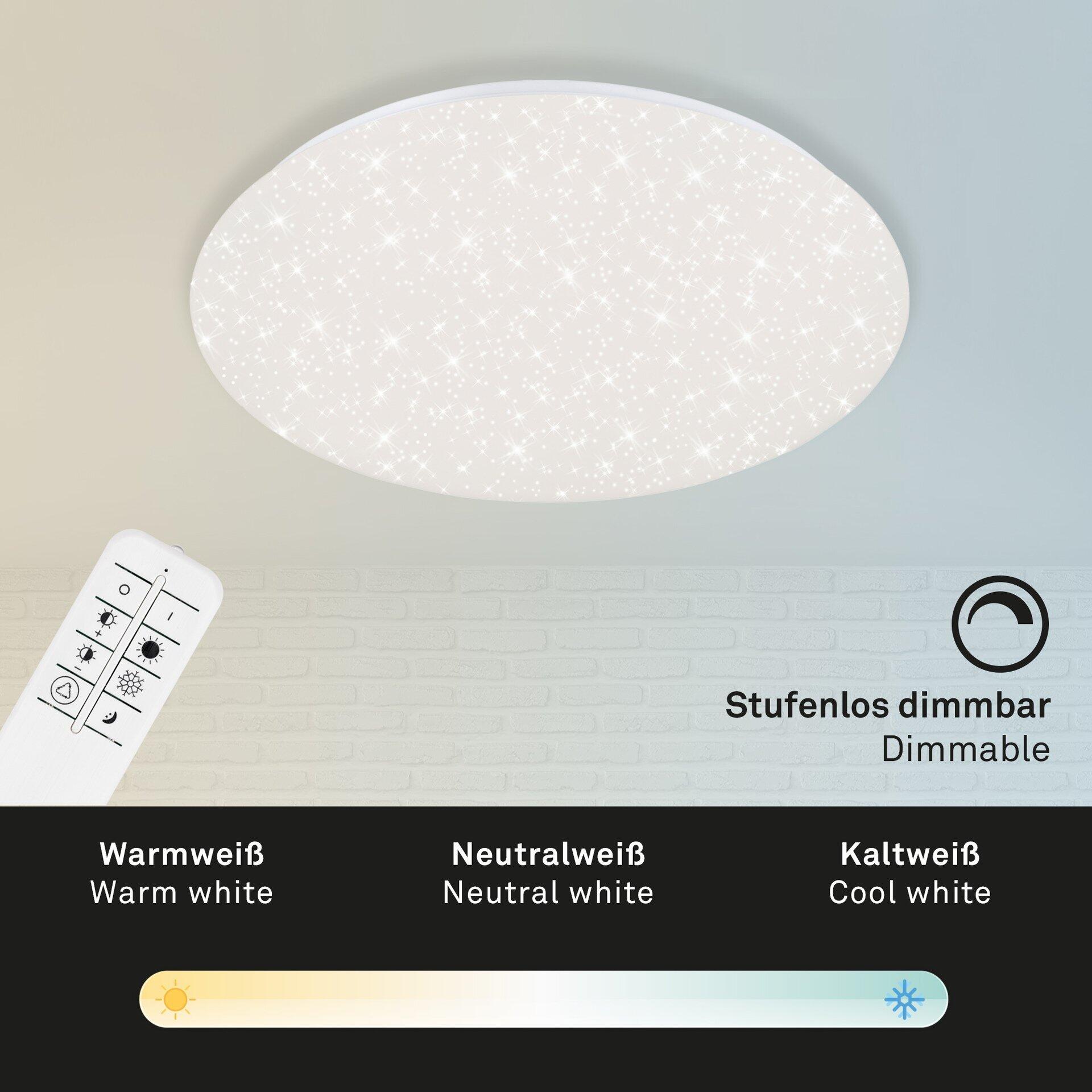 BRILO Wand- und Deckenleuchte mit Fernbedienung zur Einstellung von Helligkeit und Farbtemperatur, dargestellt an einer Ziegelwand.