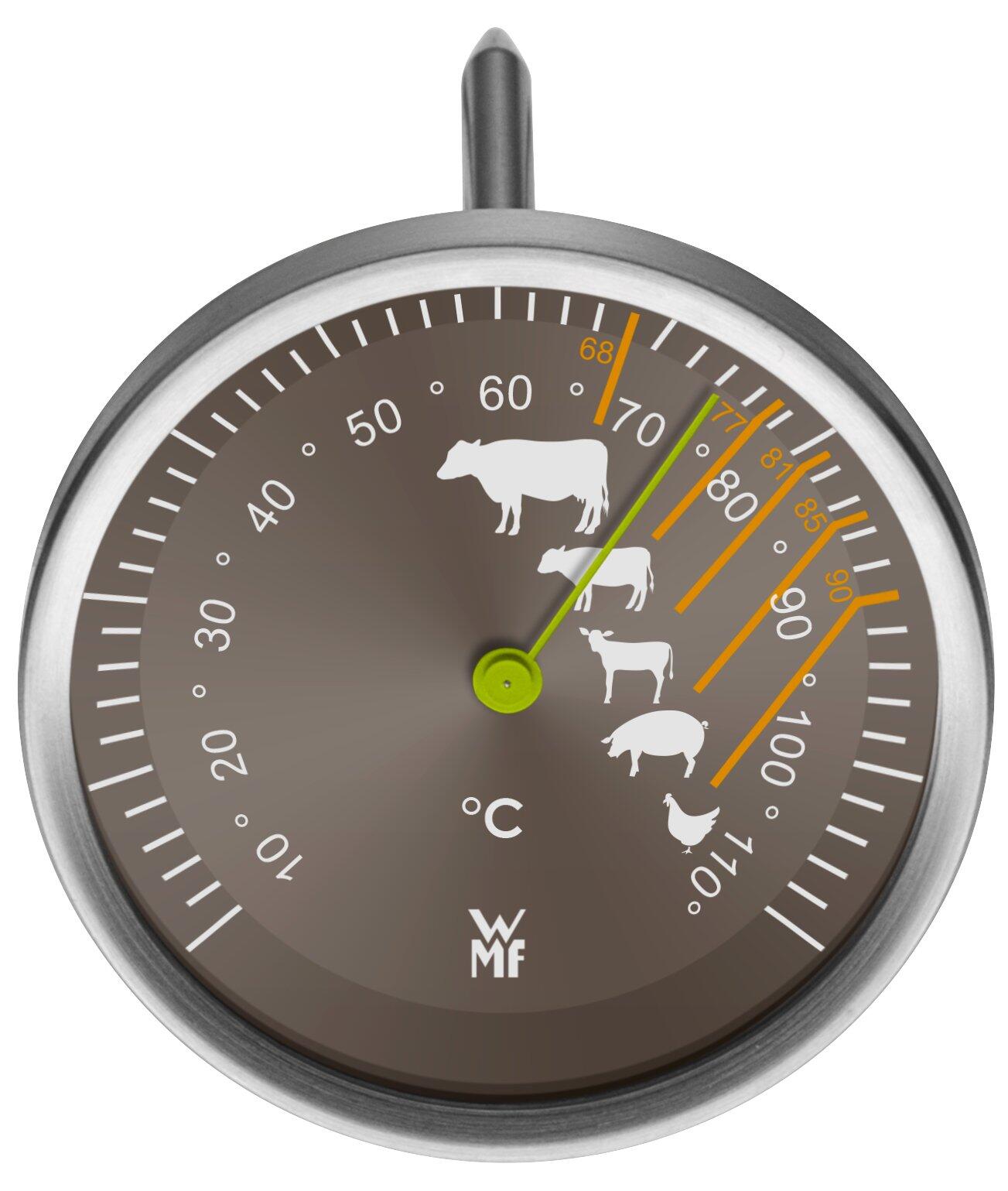 WMF Thermometer mit silbernem Rahmen, weißem Zifferblatt, farbig markierten Temperaturbereichen und stilisierten Tierdarstellungen.